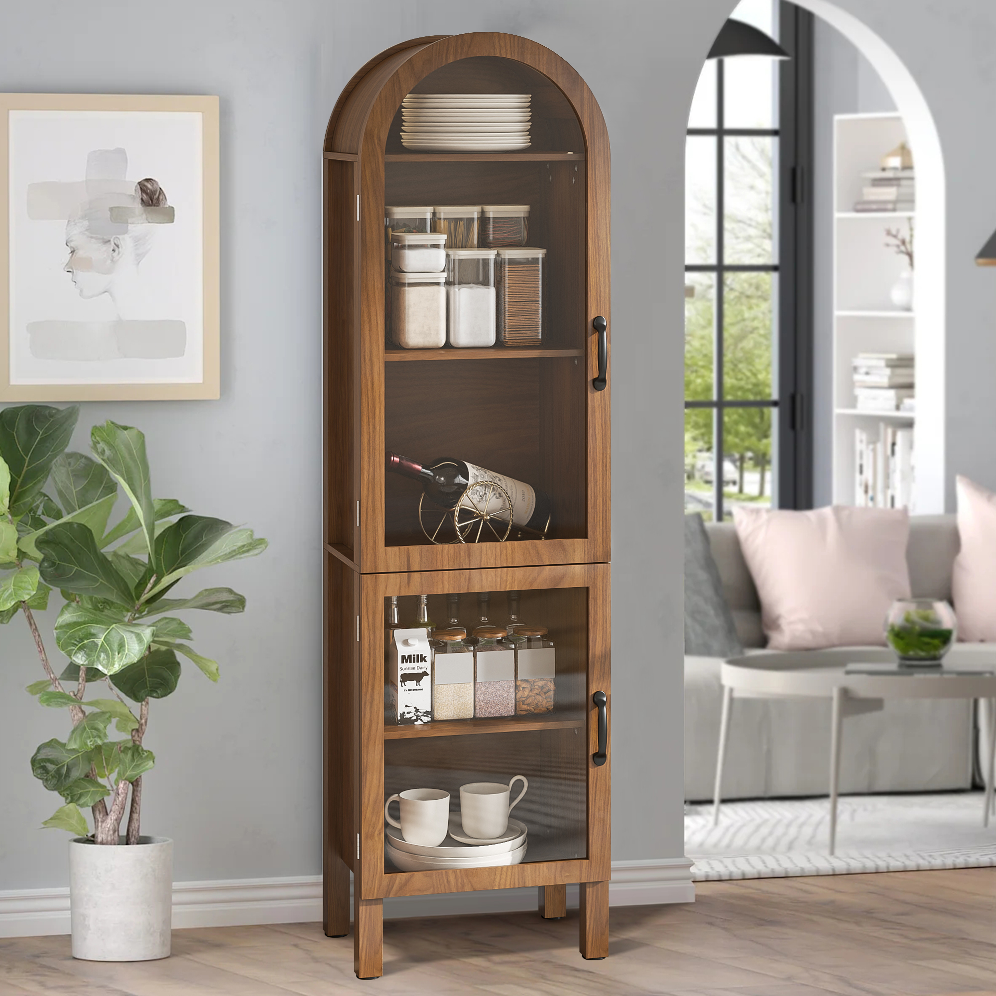 thumbnail video image 2 of Arched Storage Display Cabinet with Door, Kitchen Pantry Storage Cabinets, Accent Curio Cabinet Bookcase for Living Room, 2 of 7