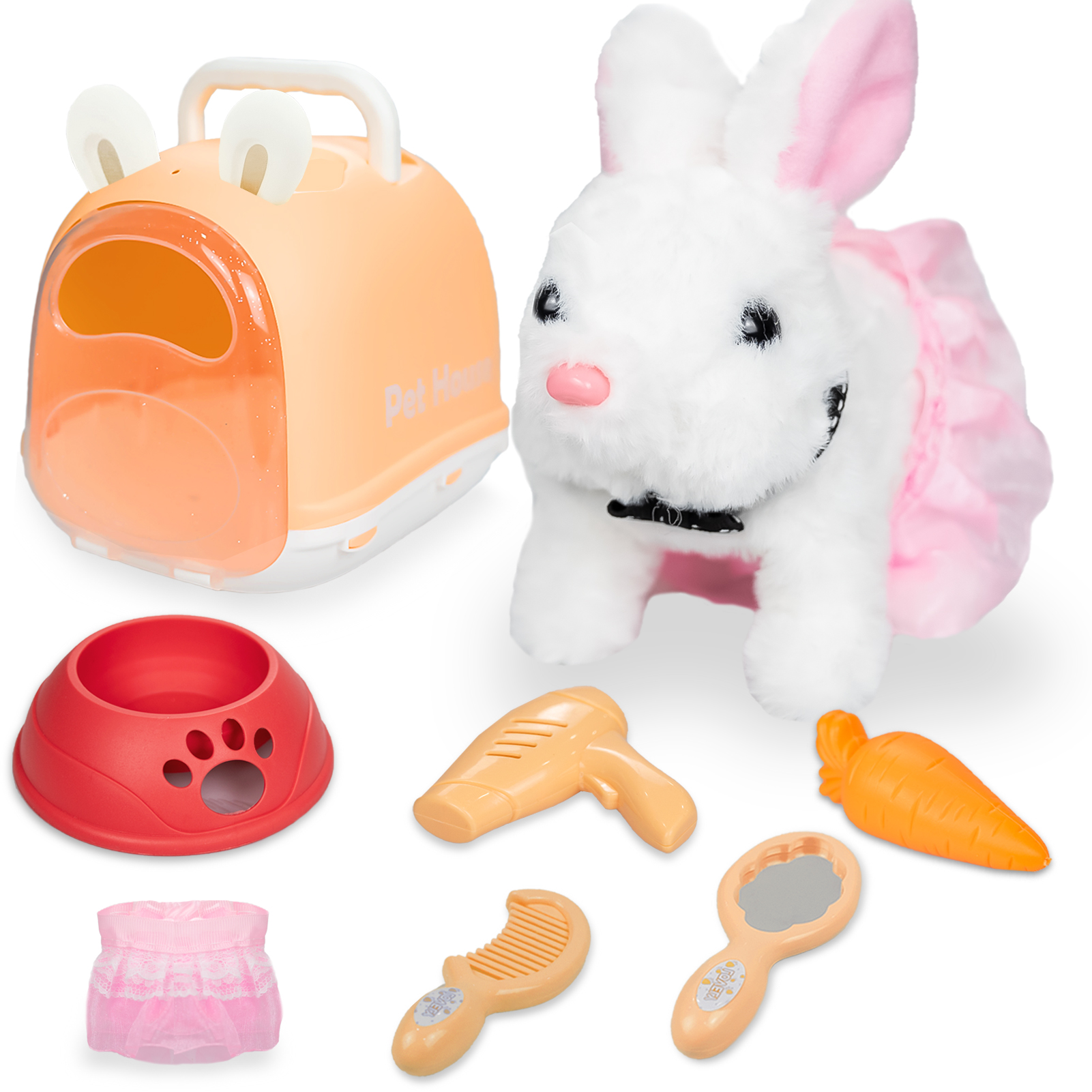 thumbnail video image 2 of Sunforu Pet Care Play Set, Little Plush White Rabbit Grooming Toys with Hand-Held Basket Educational Toys for Toddler Kids Easter Bunnies Gift, 2 of 7