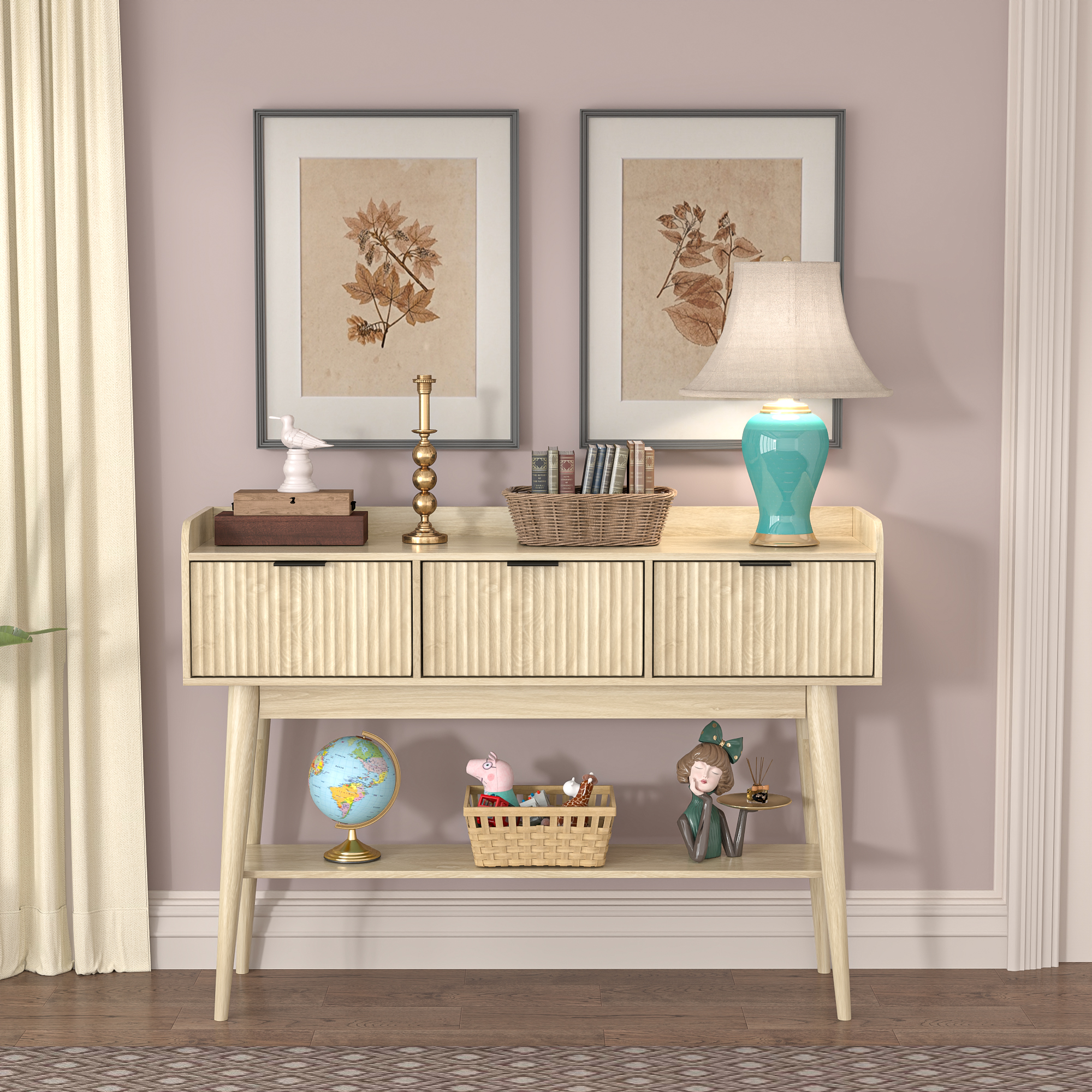 thumbnail video image 2 of Lisicues Console Table with 3 Drawers, Entryway Table with Storage Shelf, Narrow Wood Sofa Table, 2 of 9