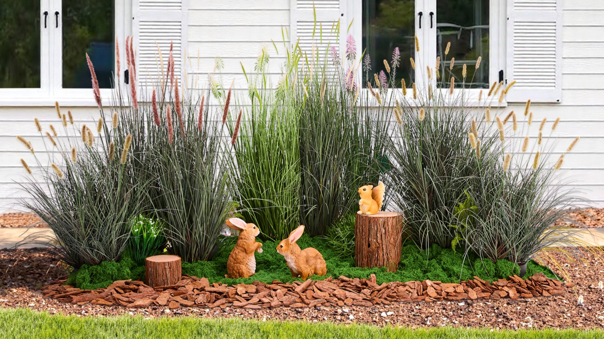 thumbnail video image 2 of FloraFairy 4ft Faux Horsetail Reed Grass with White Cockscomb Flower, Set of 2, 48in Tall Indoor Outdoor Green Onions Fake Plants in Pot, 2 of 8