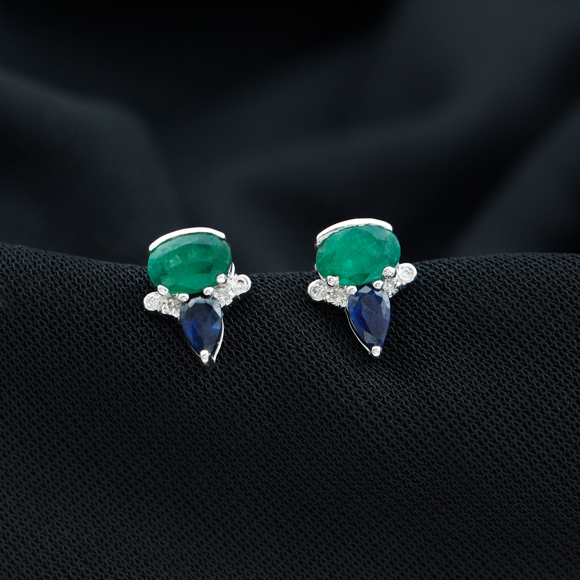 thumbnail video image 2 of Rosec Jewels Minimal Cluster Stud Earrings for Women, Emerald and Blue Sapphire Earrings with Diamond (AAA Quality), 925 Sterling Silver, 2 of 8