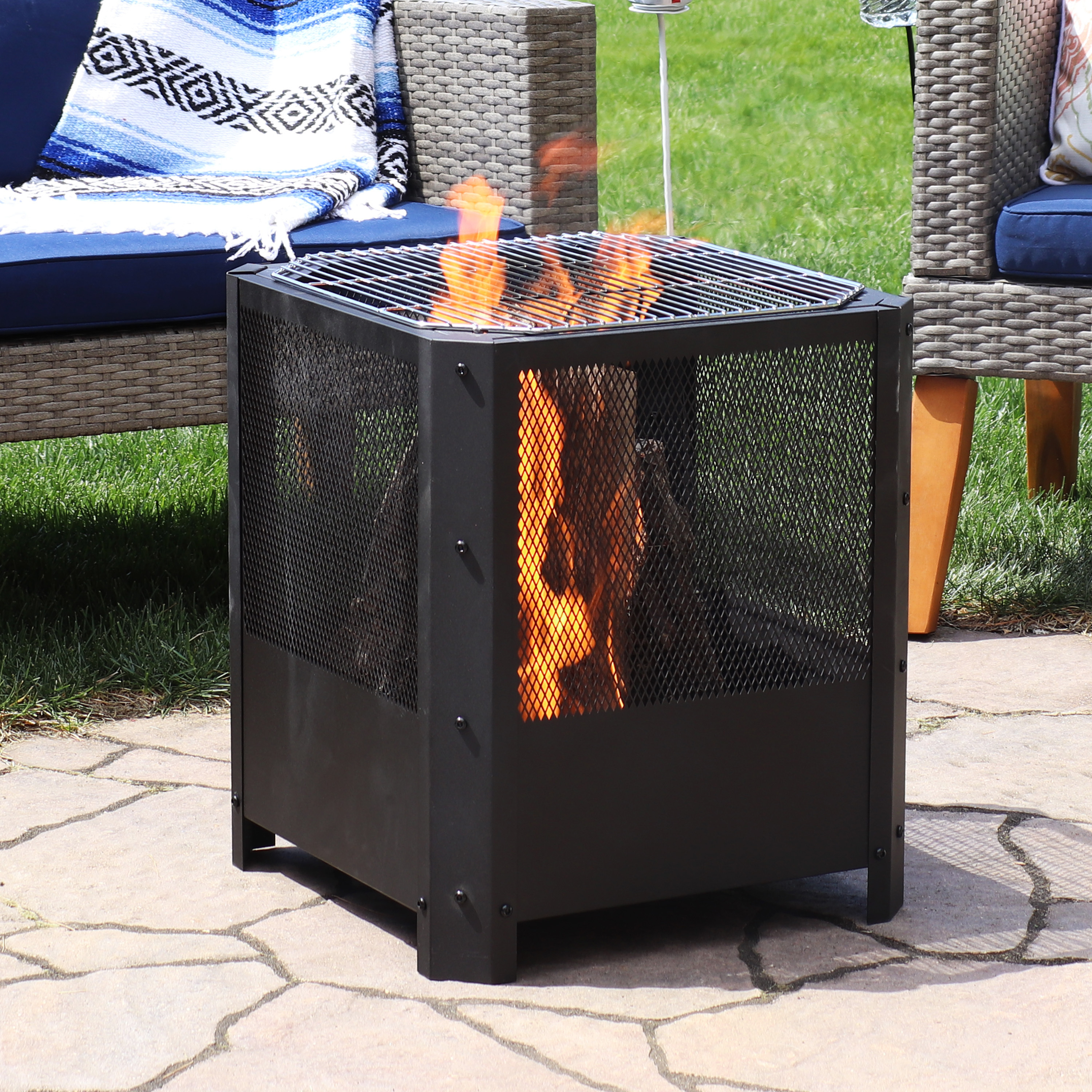 thumbnail video image 2 of Sunnydaze Grelha 16" Square Wood-Burning Black Finish Steel Fire Pit with Grilling Grate, 2 of 8