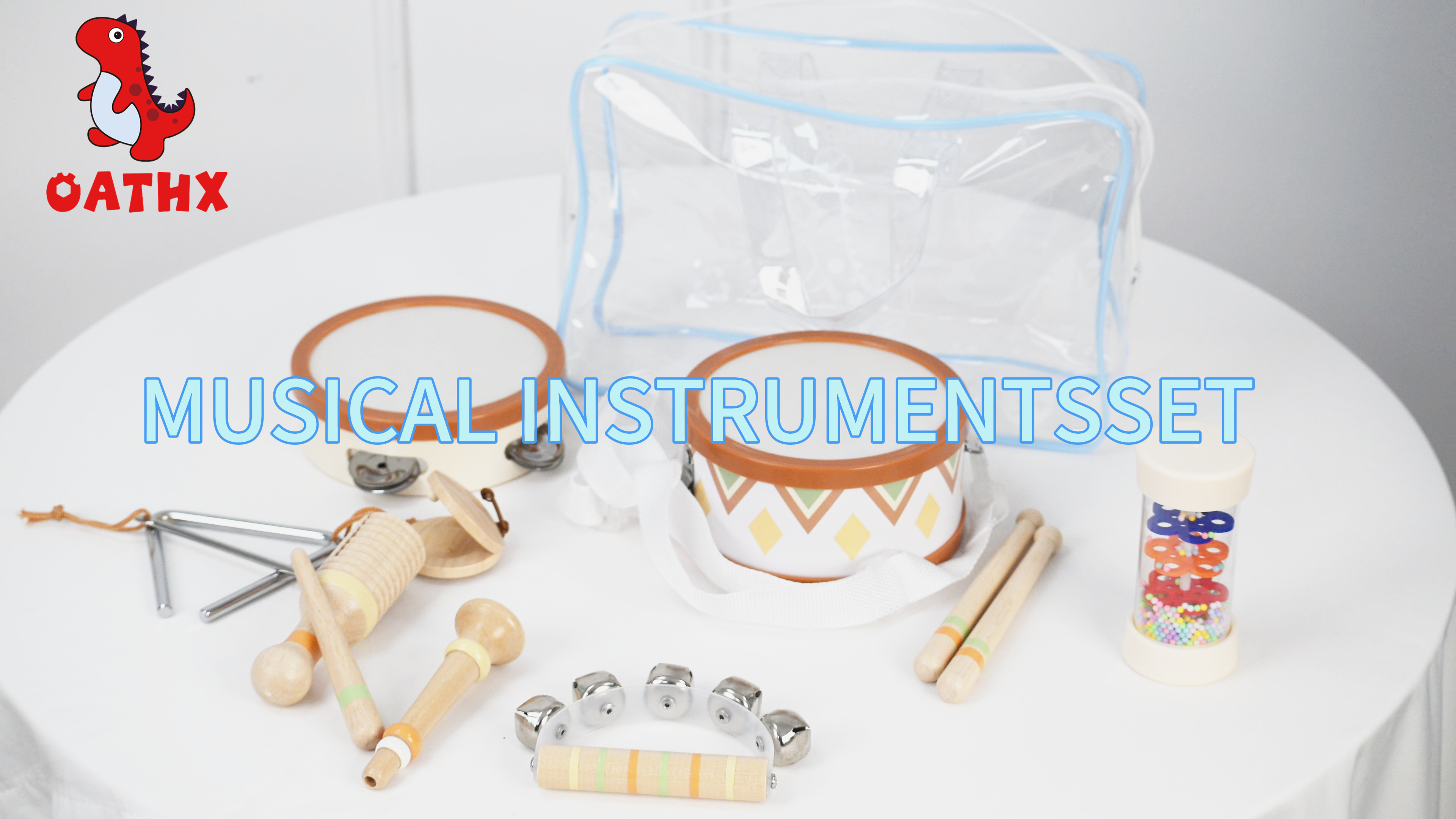 thumbnail video image 2 of OATHX Kids Drum Set Tambourine Maracas Toy Drum Baby Music Kit Wood Musical Instruments for Toddler, 2 of 7