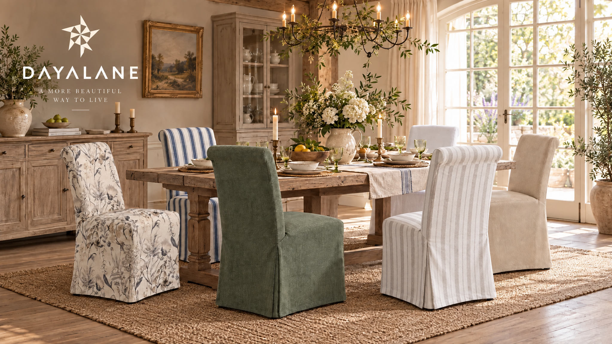 thumbnail video image 2 of Dayalane Slipcovered Parsons Dining Chairs Set of 4, Modern Farmhouse High Back Linen Upholstered Chair with Removable Skirted, Classic Wooden Side Kitchen Chairs for Dining Living Room, Khaki Stripe, 2 of 12