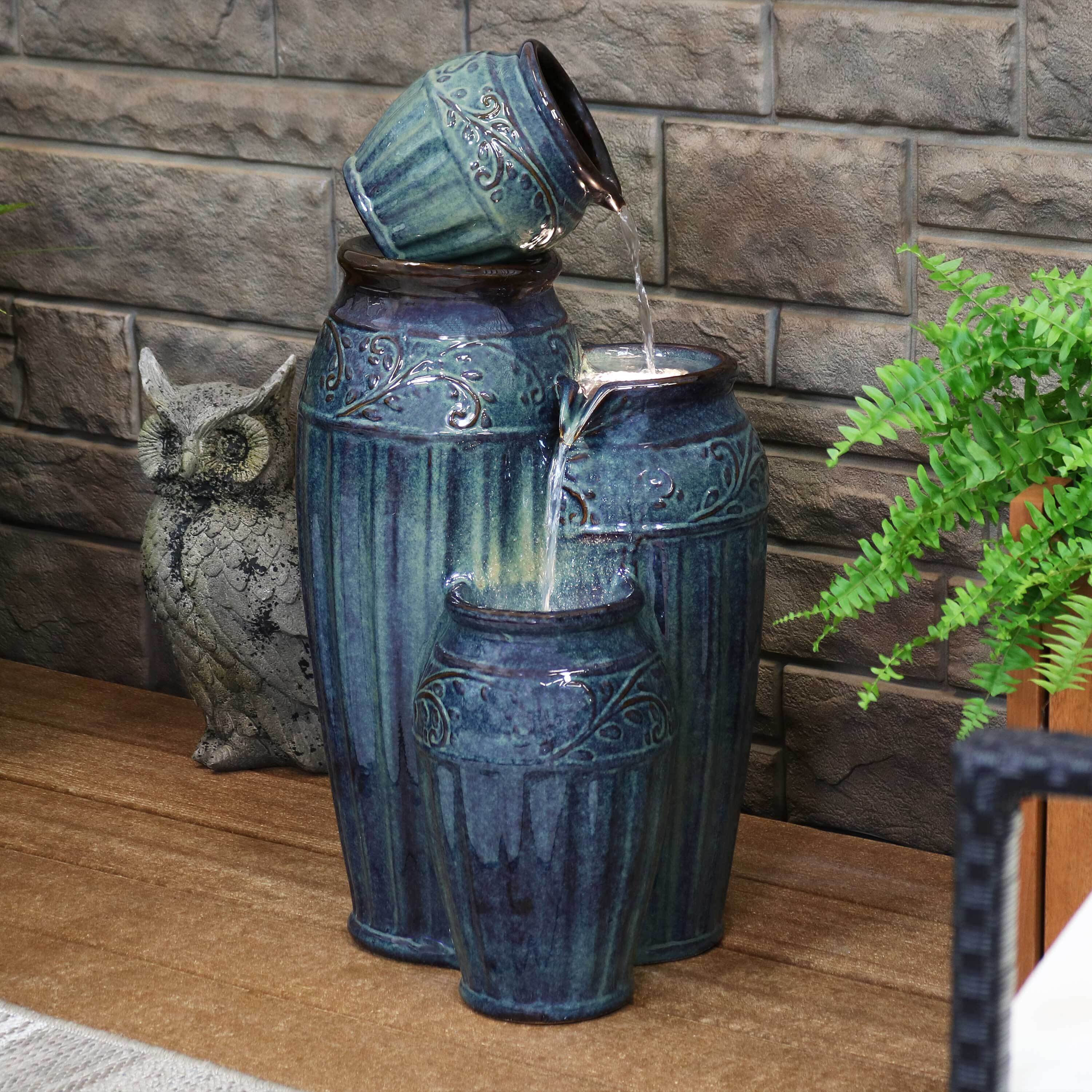 thumbnail video image 2 of Sunnydaze Tour de Vase Ceramic Outdoor Water Fountain with Light, 2 of 18