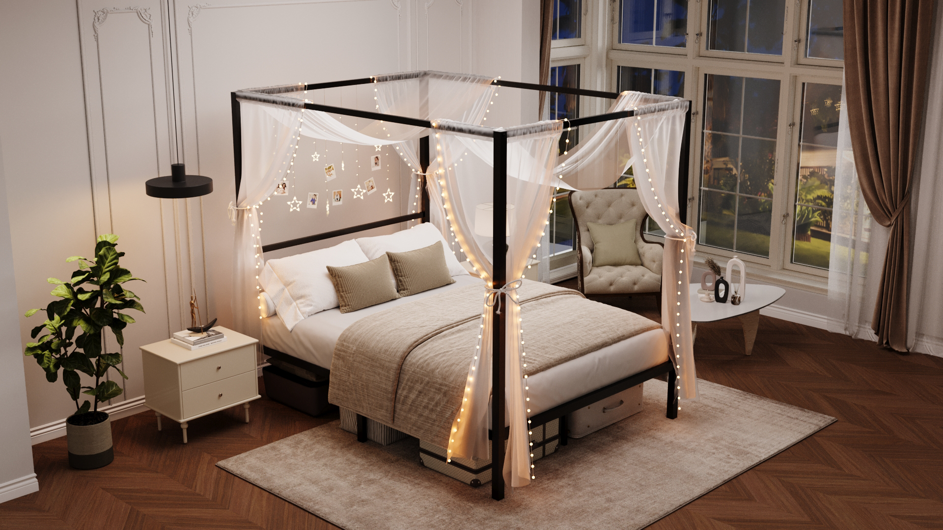 thumbnail video image 2 of Amolife Full Bed Frame, Canopy Bed with Metal Headboard, No Box Spring Needed, Black, 2 of 15