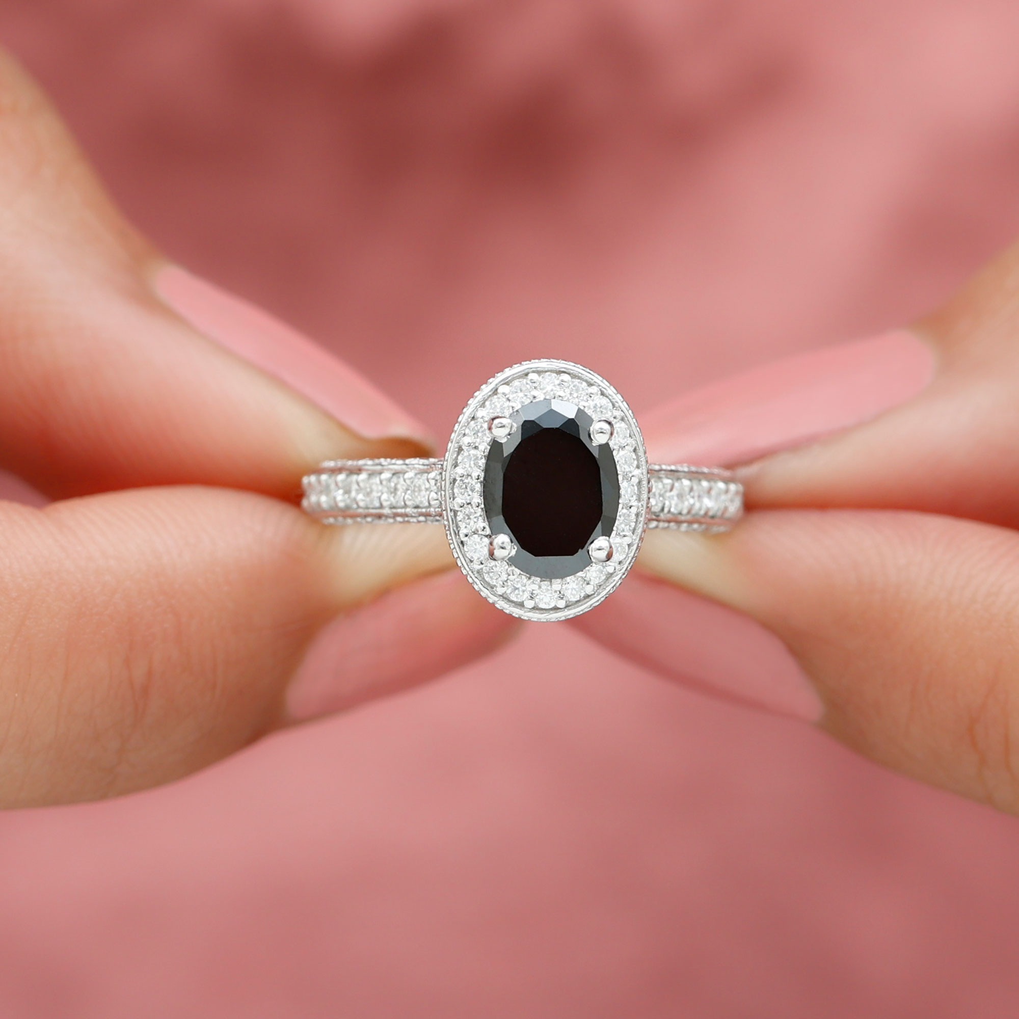 thumbnail video image 2 of Rosec Jewels Vintage Style Ring for Women - Black Onyx Ring with Diamond Halo (6X8 MM), 18K Yellow Gold, US 11.00, 2 of 9