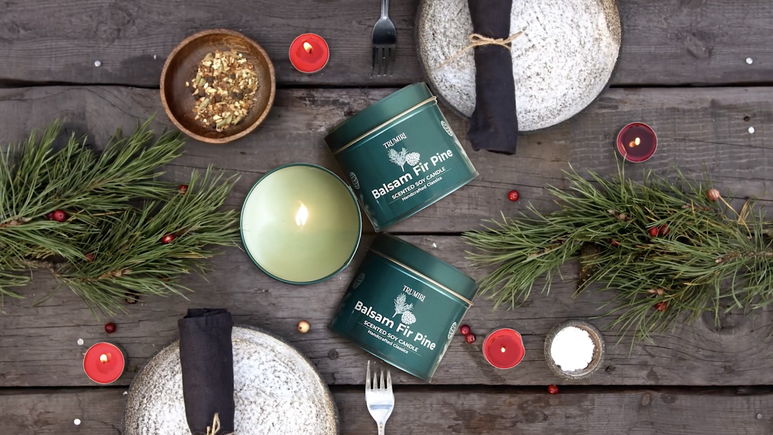thumbnail video image 2 of Balsam Fir Pine - Soy Candles for Home Scented - Pack of 3 x 5oz Natural Clean Non Toxic - for Fall Winter Christmas Holidays - Long Lasting Highly Scented Pet Safe - Velas Aromáticas para el Hogar, 2 of 9