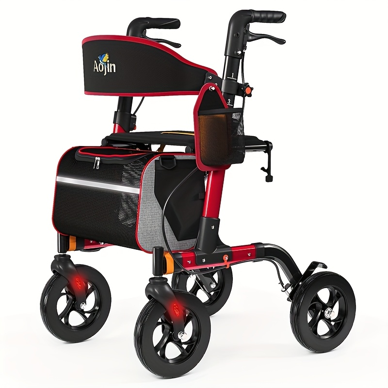 thumbnail video image 2 of Rollator Walker with 18" Seat, 350lbs Capacity Lightweight Aluminum Frame 8" All-Terrain Wheels 6-Level Height Adjustable for Seniors, Red, 2 of 8