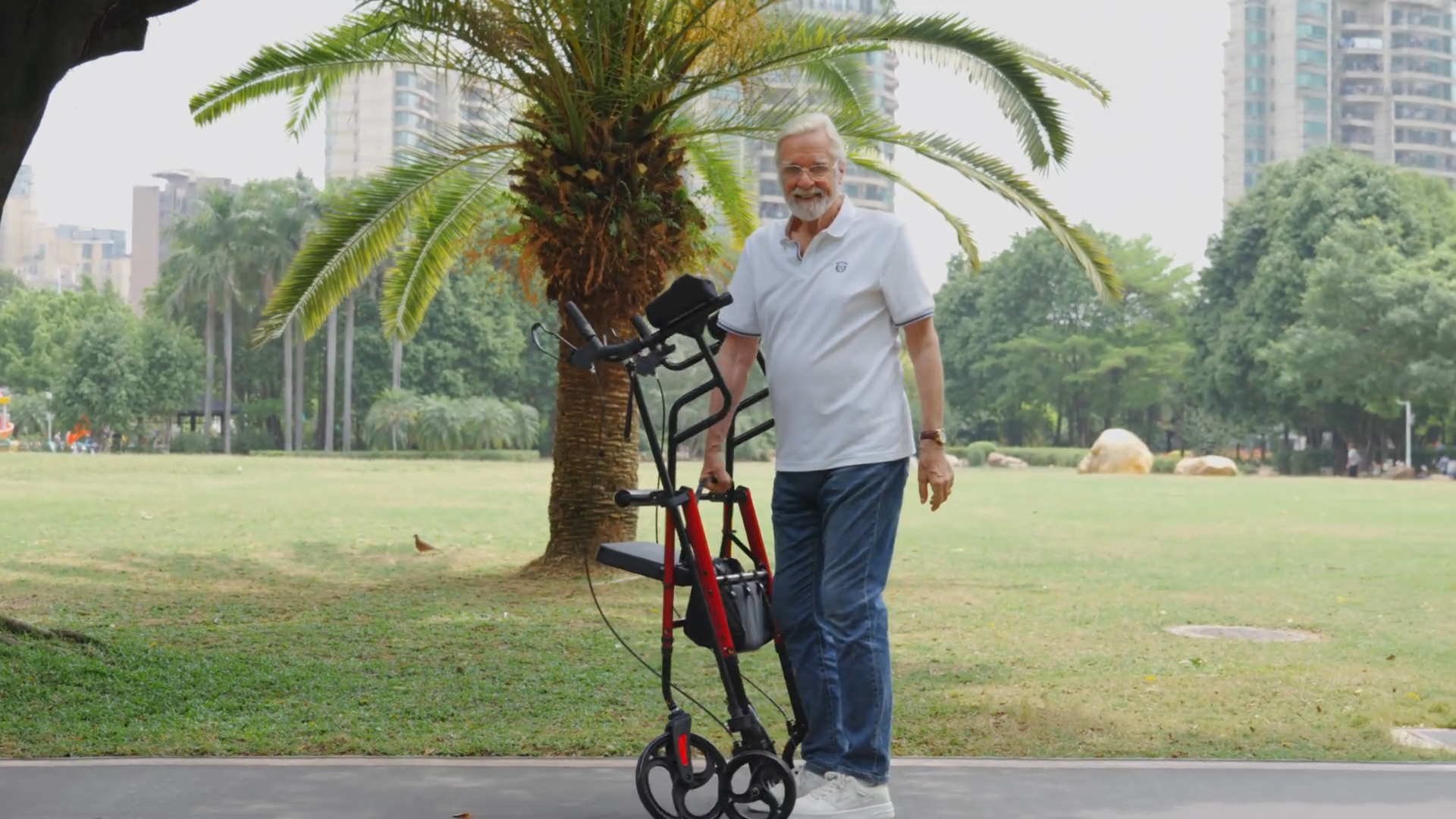 thumbnail video image 2 of COSYWILL Upright Rollator Walker,Stand Up Walkers for Seniors and Adults with Backrest Seat,Lightweight and Folding Design,Red, 2 of 9