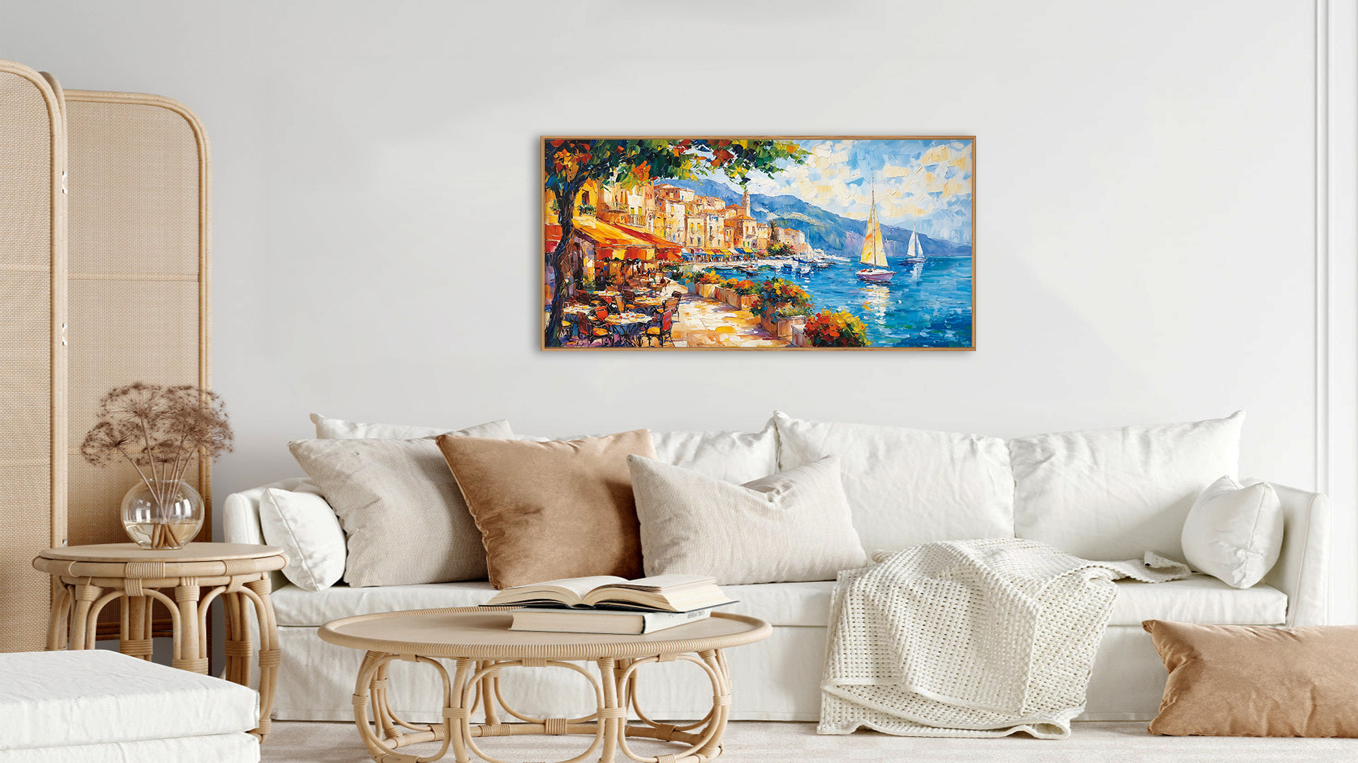 thumbnail video image 2 of TOARTi Italian Town Framed Canvas Wall Art Abstract Mediterranean Coastal Cityscape Painting Italy Wall Decor for Living Room Bedroom Office 20x40 Inch, 2 of 10