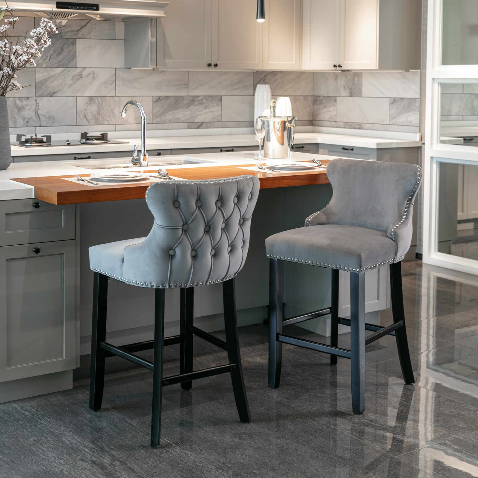 thumbnail video image 2 of Bar Stools Set of 2, LegaHome 26" Counter Height Bar Stools with Back Sets of 2, Velvet Upholstered Bar Stool with Button Tufted & Nailhead Trim, Counter Stool for 35-39" Kitchen Island, Gray, 2 of 9