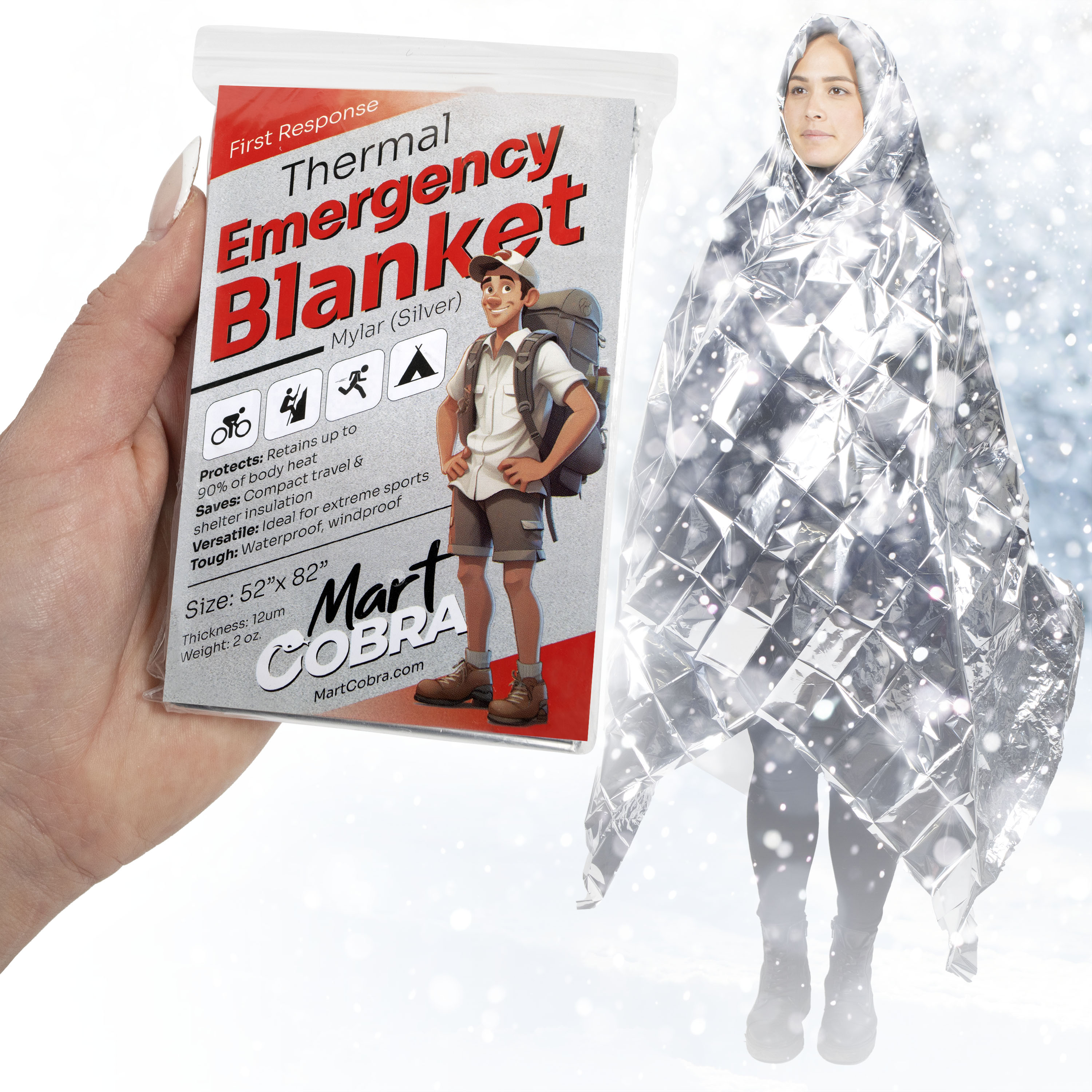 thumbnail video image 2 of Mart Cobra Emergency Blankets x100 - Mylar Thermal Space Blanket for Survival Gear, Camping Shelter, Emergency Kit & Supplies - Foil Survival Blanket for Outdoors, 2 of 7