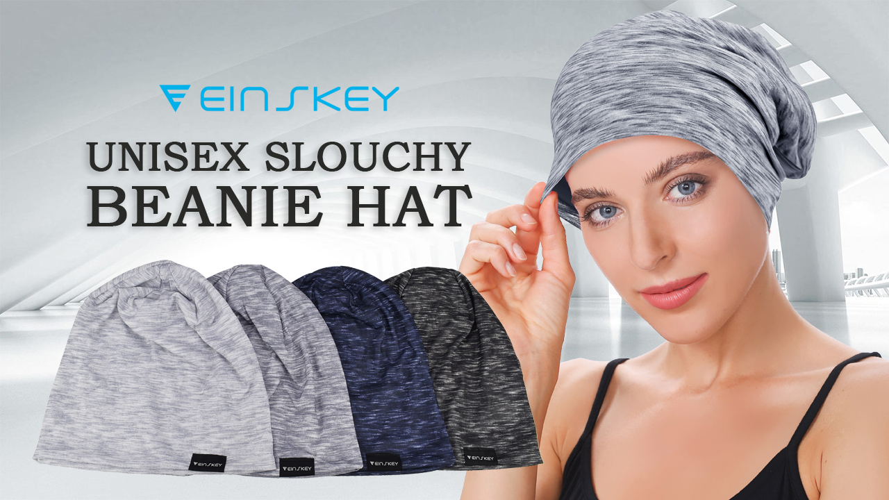 thumbnail video image 2 of EINSKEY Cotton Slouchy Beanie Hat for Men/Women, Lightweight Oversize Large Thin Skull Cap Chemo Cap Night Sleeping Cap 2 Grey,Black,Blue, 2 of 7