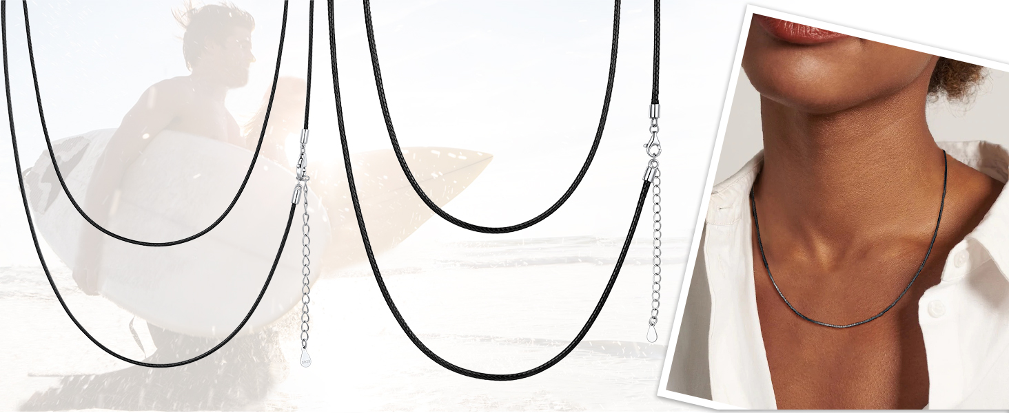 thumbnail video image 2 of ChainsHouse Thin Waterproof Braided Leather Cord Necklaces for Women Men Silver Snap Clasp Black Woven Wax Rope Jewelry Gifts, 1mm Width 26", 2 of 8