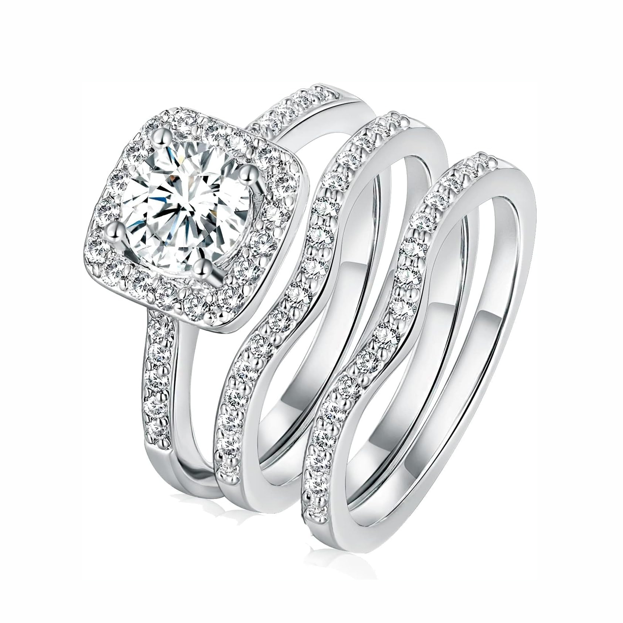 thumbnail video image 2 of 18K White Gold Plated Cubic Zirconia Three-in-One Halo Wedding Engagement Promise Eternity Ring Set for Women, 2 of 6