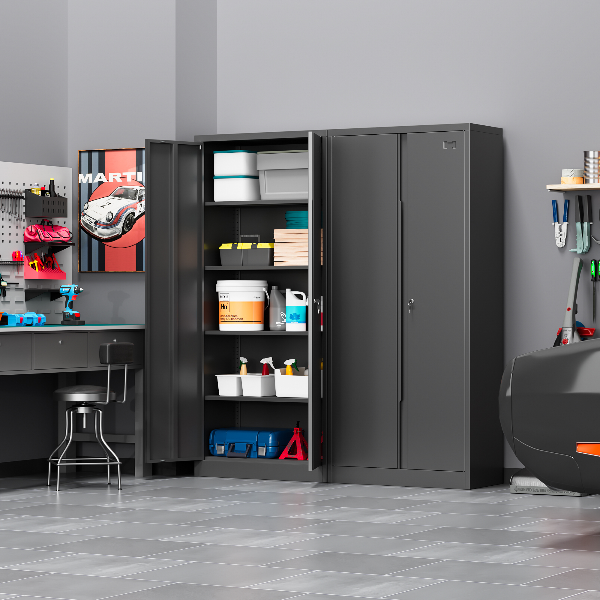 thumbnail video image 2 of Coolsun Metal Cabinet with 2 Doors and 4 Adjustable Shelves,71" Lockable Cabinet, Metal Storage Cabinet for Garage Storage, Utility Room,Home,Office,School (Black, 71 inch), 2 of 8