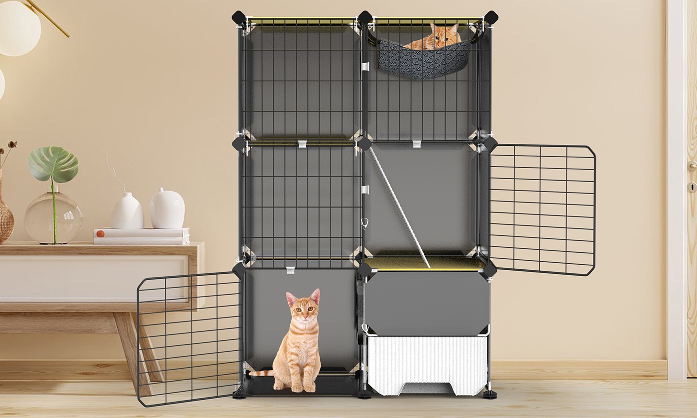 thumbnail video image 2 of Moclever 3 Tier Cat Playpen Cage, Detachable Metal Wire Indoor Cat Kennel with Litter Box Hammock Ladder for 1-2 Kittens, 28x14x42", 2 of 15