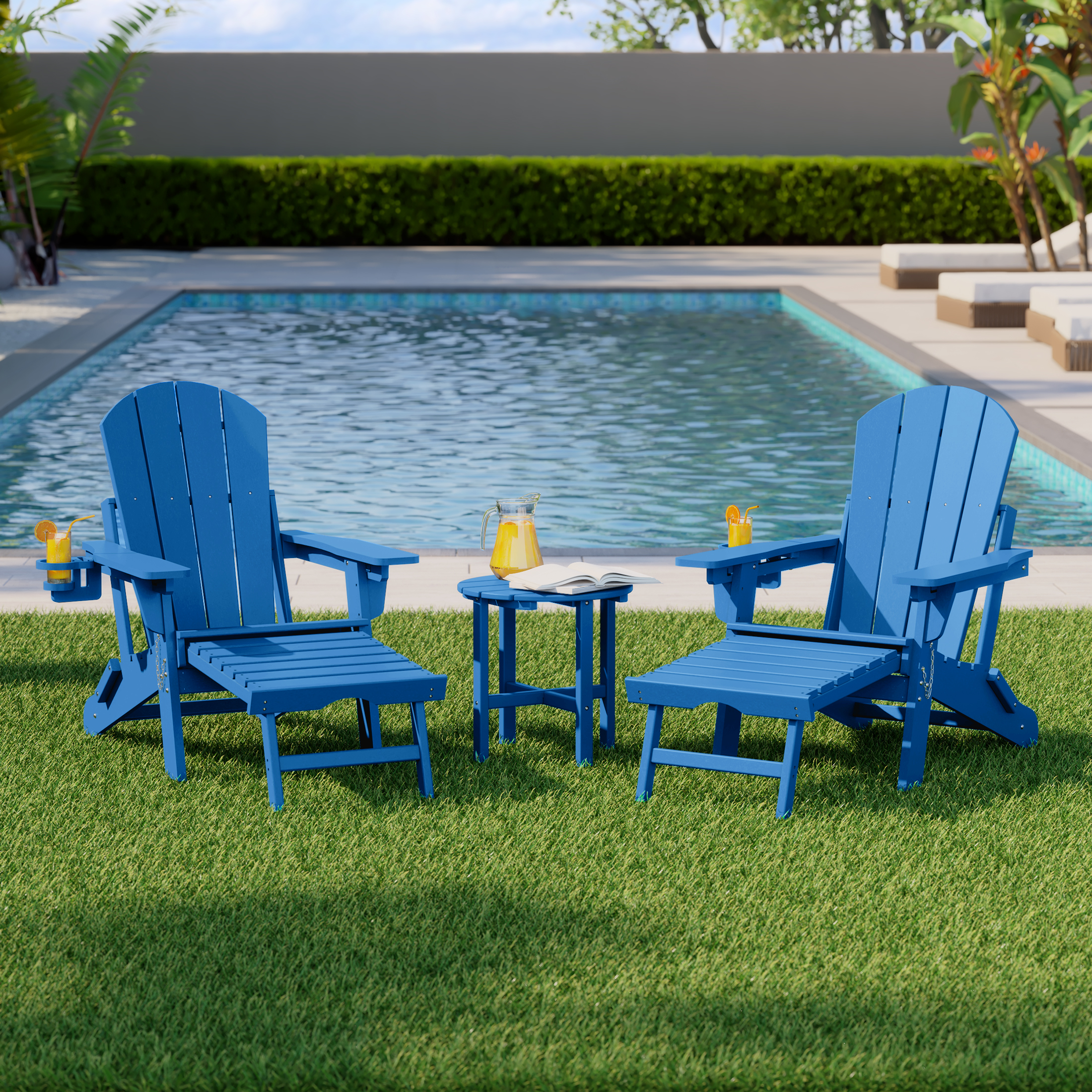 thumbnail video image 2 of WestinTrends Malibu 3-Piece Outdoor Folding Adjustable Adirondack Chair with Cup Holder & Hideaway Ottoman and 18" Side Table, Navy Blue, 2 of 16