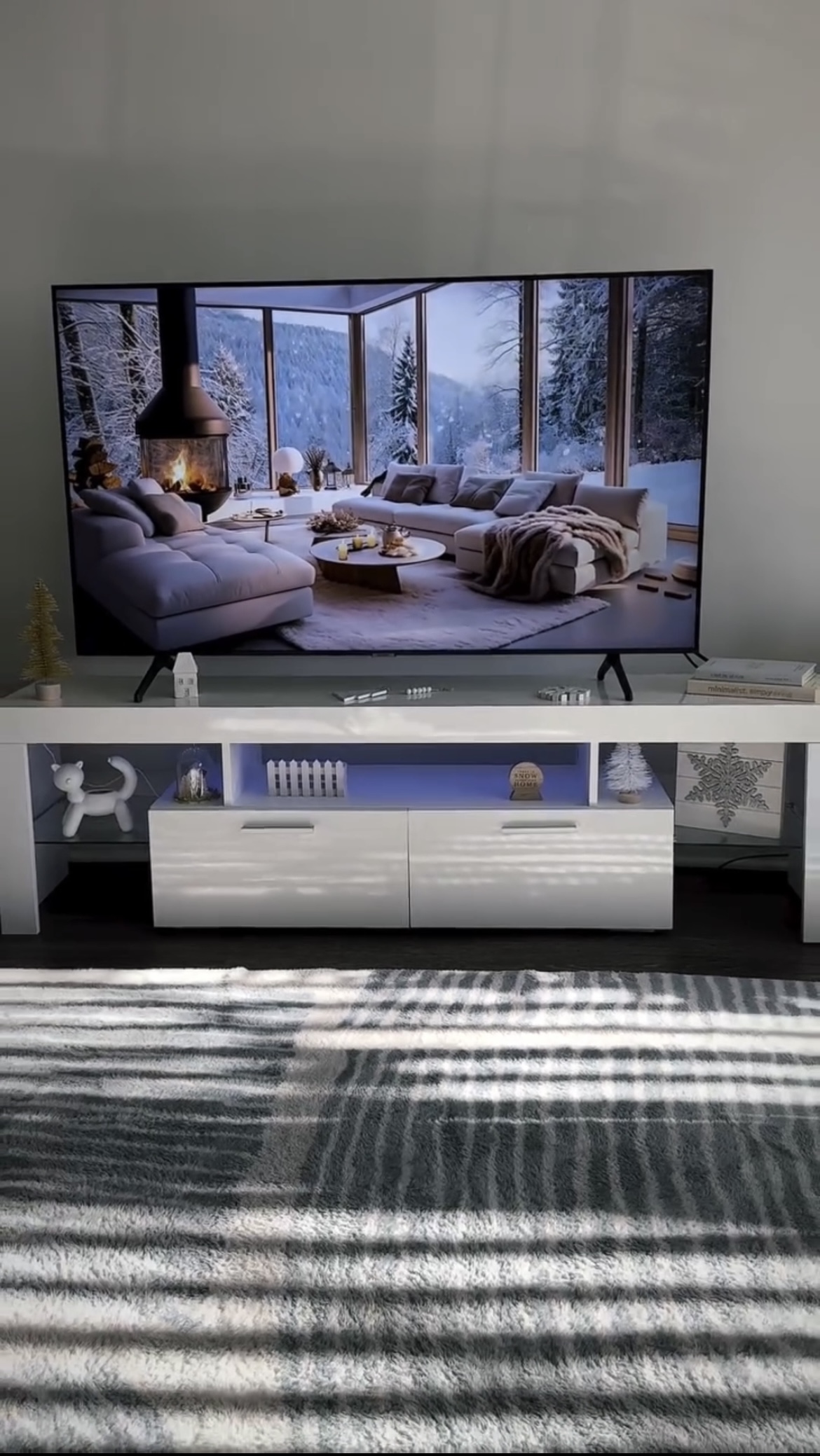 thumbnail video image 2 of PAPROOS TV Stand for TVs up to 70", High Gloss TV Cabinet with LED Light, Modern TV Console Table with Storage Drawers, Media Television Stand Entertainment Center, White, 2 of 10