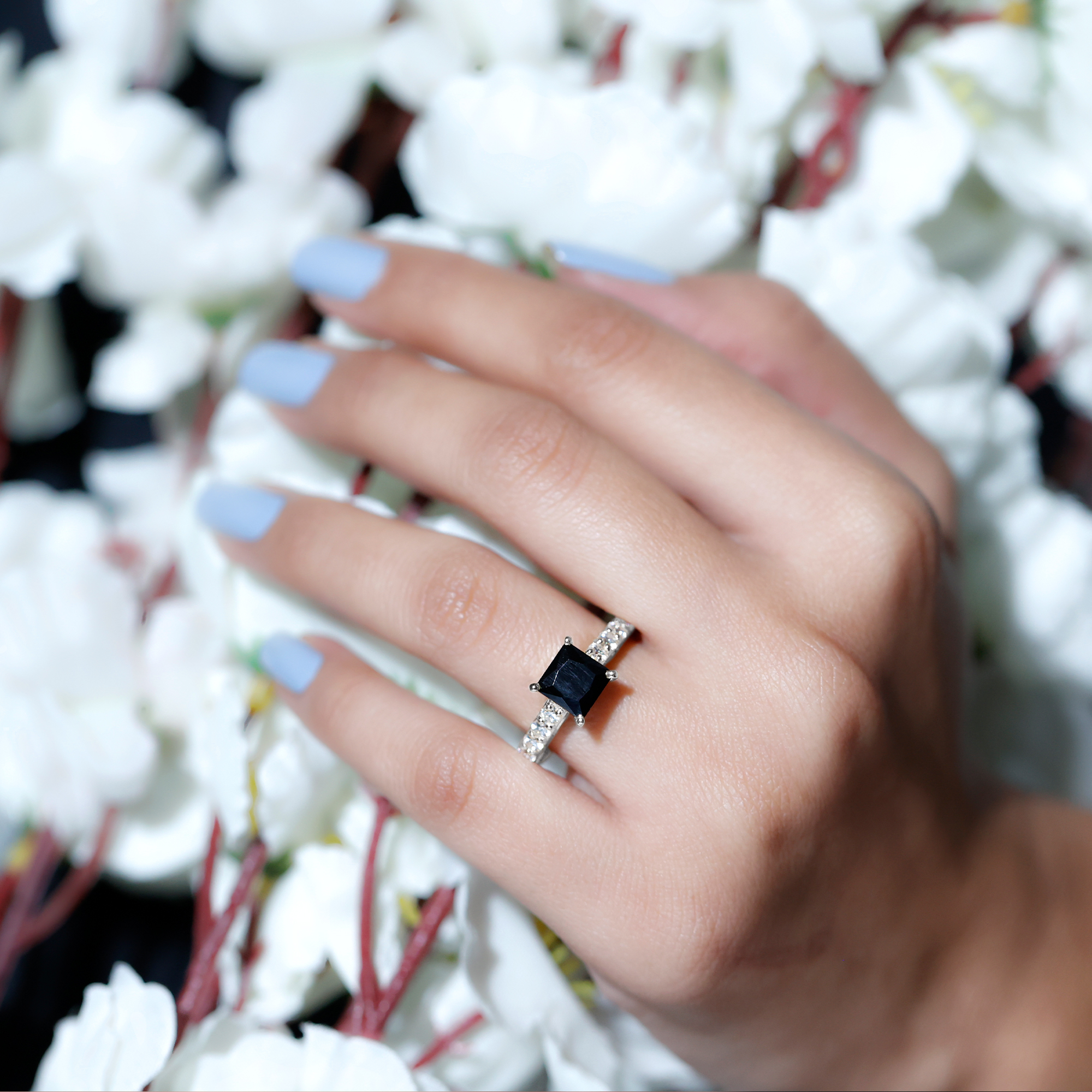 thumbnail video image 2 of Rosec Jewels Lab Grown Black Diamond Princess Cut Engagement Ring with Side Stones - 6 mm - AAAA Quality - with Jewelry Box, 925 Sterling Silver, US 4.00, 2 of 9