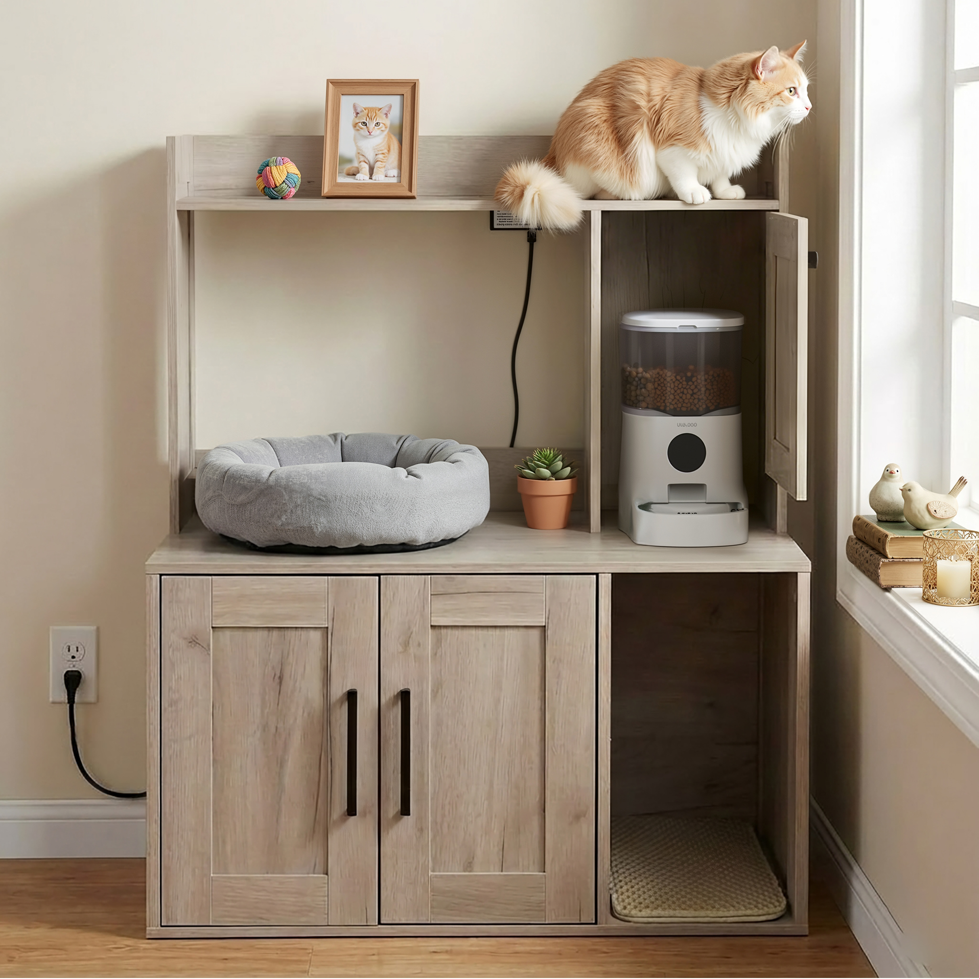 thumbnail video image 2 of Whifea Hidden Cat Litter Box Enclosure Cabinet with Power Strip, Shelves & Storage, Pet Feeding Station Furniture, 2 of 12