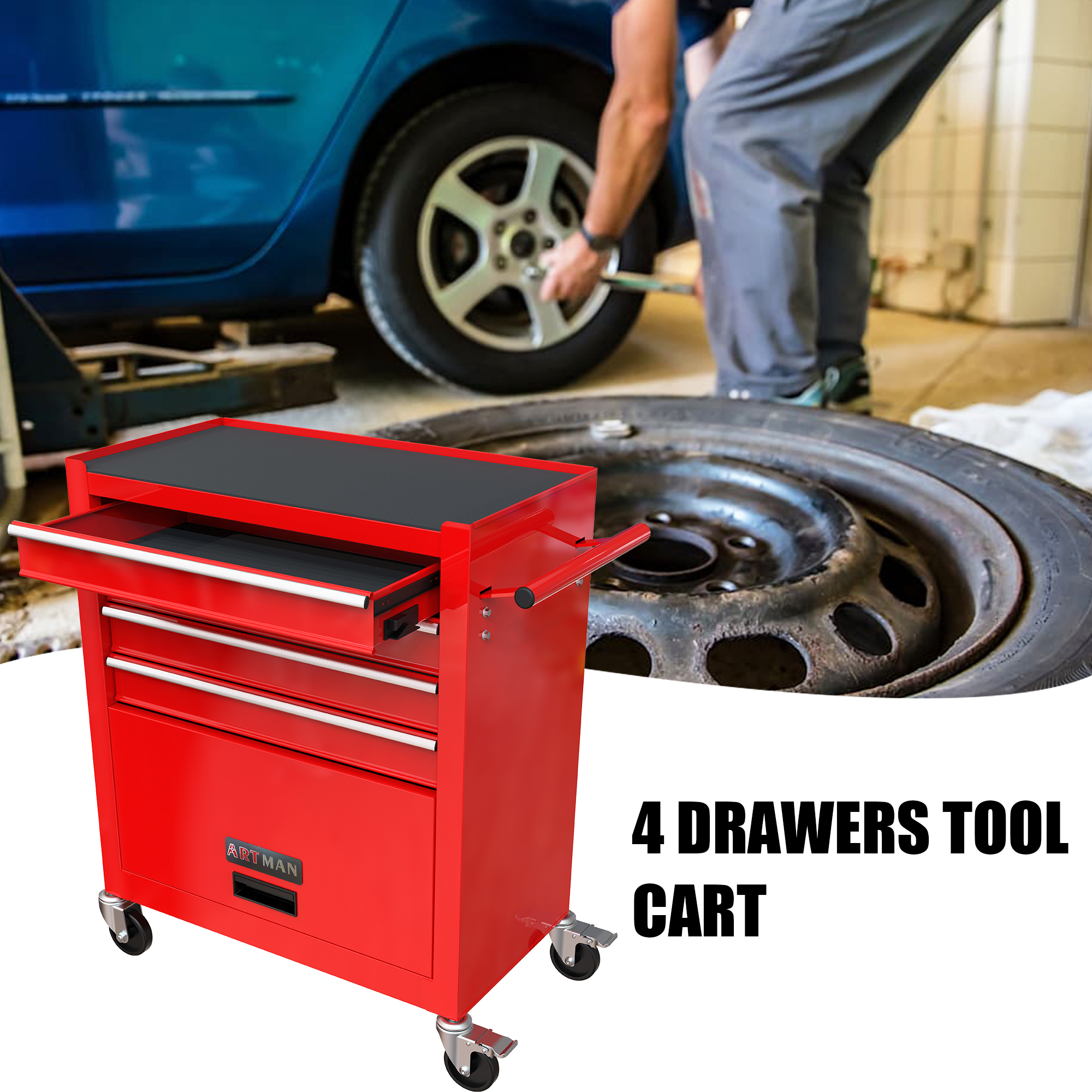 thumbnail video image 2 of Noaman 4-Drawer Rolling Tool Cart w/Lockable Interlock System - Steel Mechanic Tool Chest for Garage & Workshop, 2 of 8