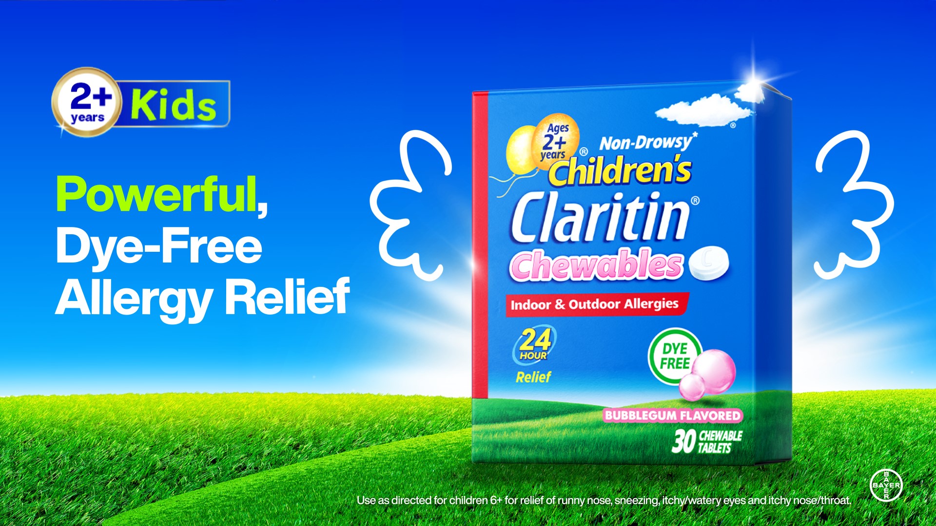 thumbnail video image 3 of Children's Claritin 24 Hour Non-Drowsy Allergy Relief, Loratadine Antihistamine Bubblegum Chewable Tablets, Dye-free, 30 Count, 3 of 12