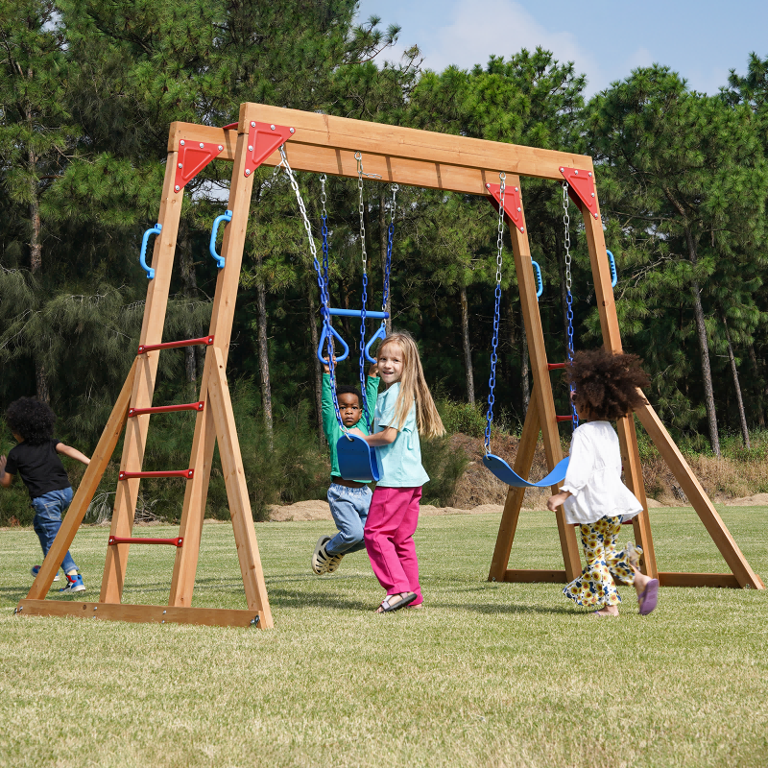 DOLPHIN PLAYGROUND Cedar Wood Swing Set with Monkey Bars, Trapeze