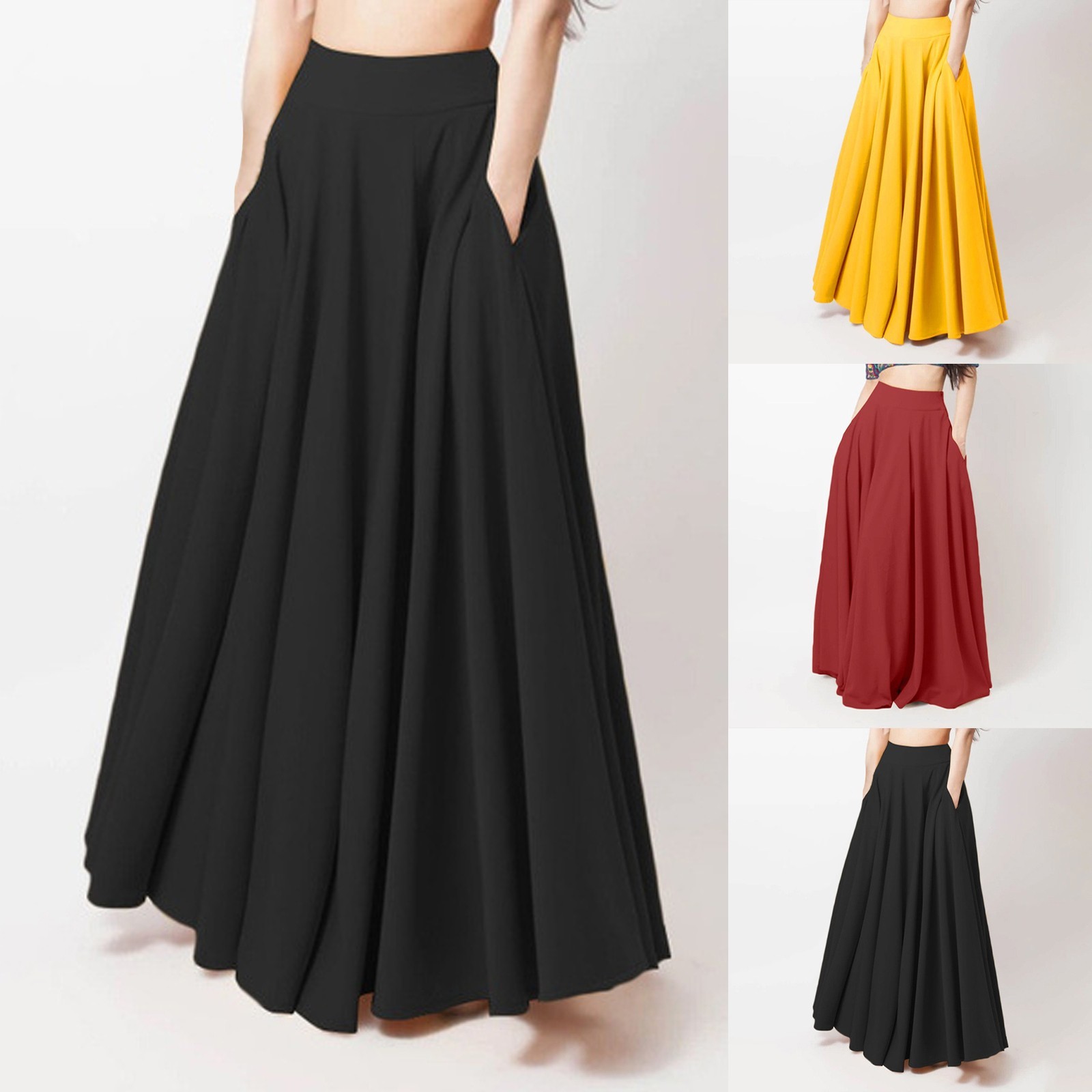 thumbnail video image 2 of GZWYHT Skirts for Women,Maxi Skirt Women Fashion Loose Casual Long Large Solid Pleated Skirt Elastic Waist Skirt Long Skirts,Pleated Skirts,Black Dress,Plus Size Skirt M, 2 of 5