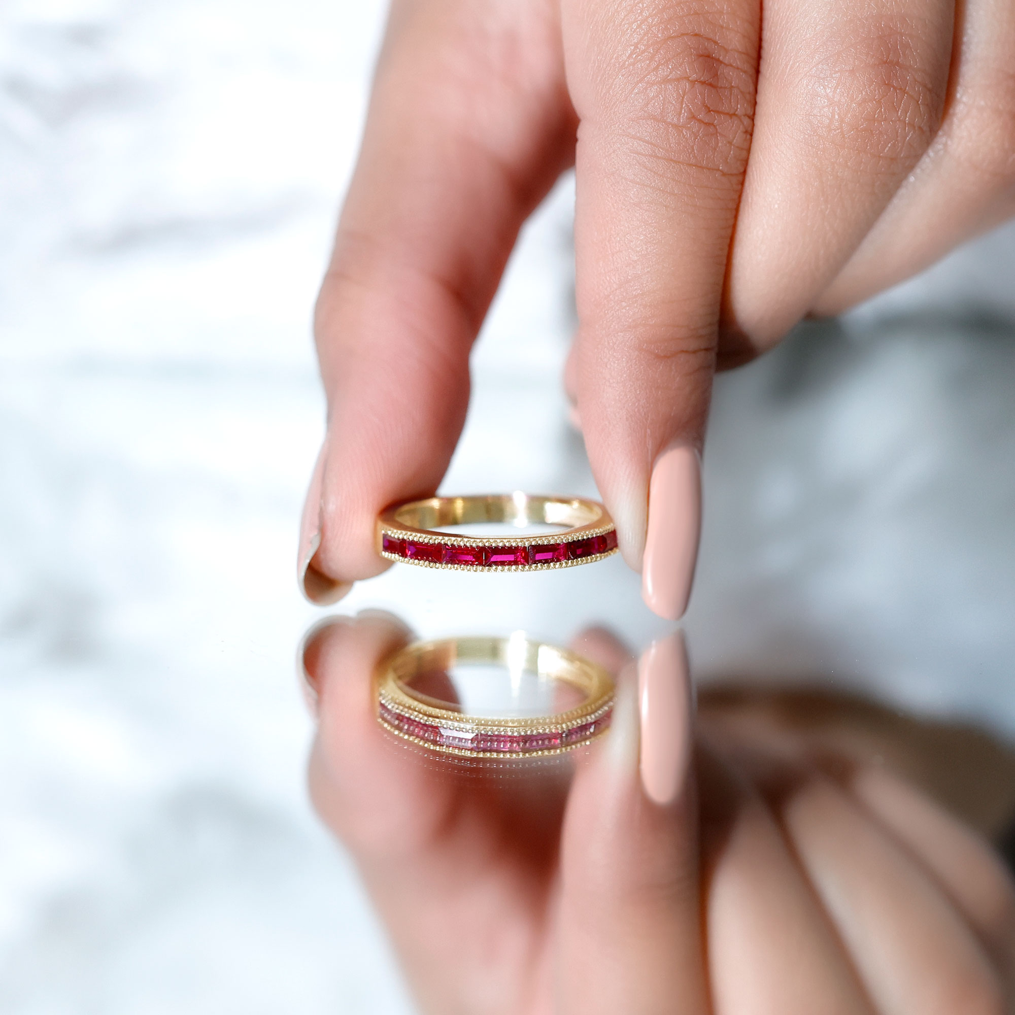 thumbnail video image 2 of Rosec Jewels 3/4 CT Baguette Cut Created Ruby Semi Eternity Ring with Milgrain Details, East West Band Ring for Women, 10K White Gold, US 6.00, 2 of 7