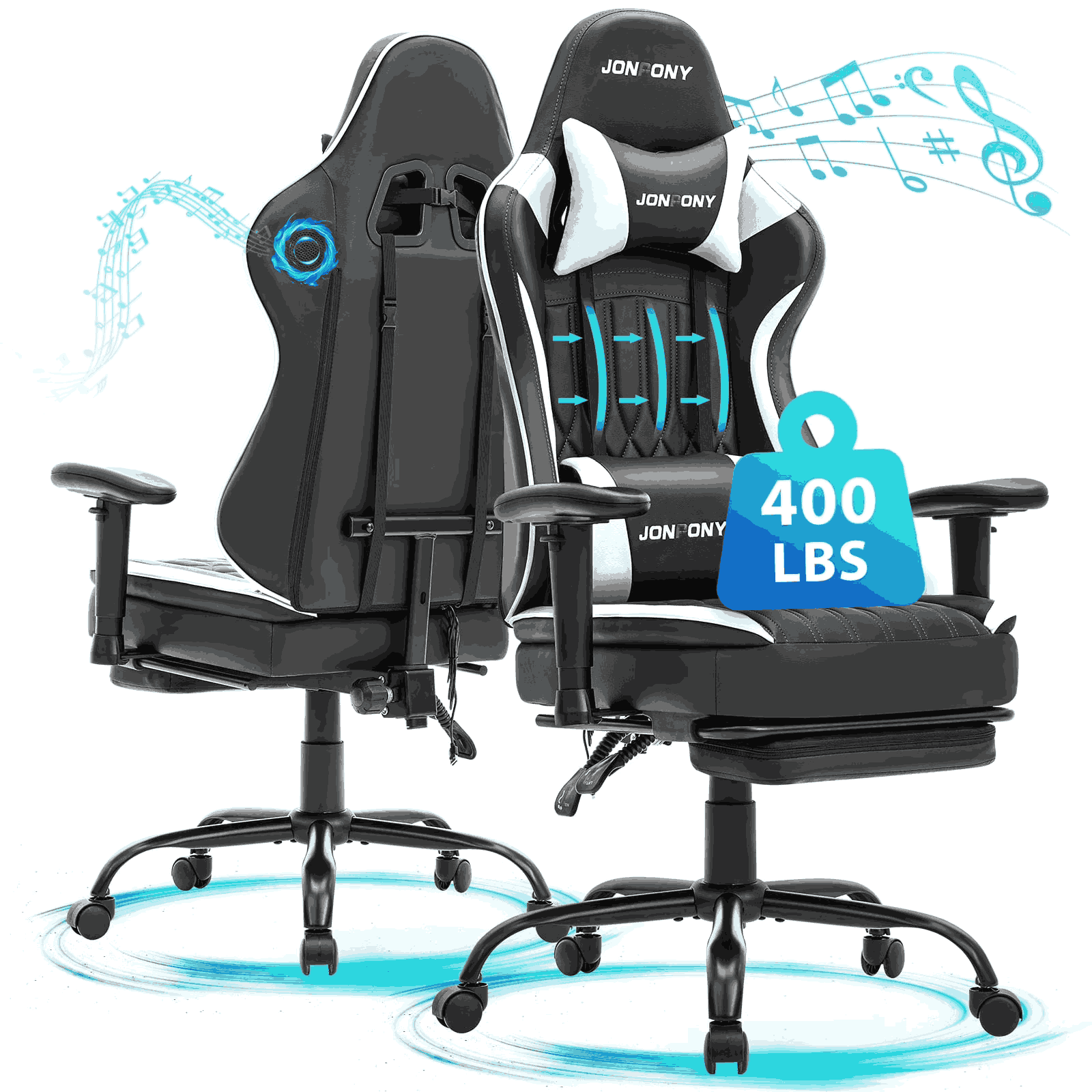 thumbnail video image 2 of JONPONY Big and Tall 400lbs Gaming Chair with Bluetooth Speakers, Gamer Chair with Footrest and Lumbar Support & 360-Swivel Seat, Ergonomic Gamer Chair with Headrest, White, 2 of 9