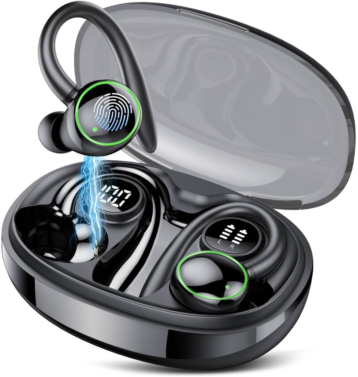thumbnail video image 2 of Wireless Earbuds, Bluetooth 5.4 Headphones Sports, 50H Playback Over Ear Earbuds with ENC Noise Cancelling Mic, Deep Bass Fitness Earphones Gym Running Workout with Earhooks, IP7 Waterproof Headset, 2 of 10