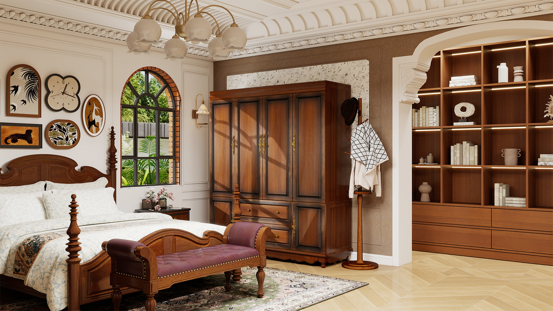 thumbnail video image 2 of ModMakers 100% Solid Wood Armoire Wardrobe Closet - American Vintage Cherry Finish with 2 Rods, 5 Shelves & 2 Drawers | Spacious Bedroom Storage Cabinet (61.42"W x 70.87"H x 19.37"D), 2 of 9