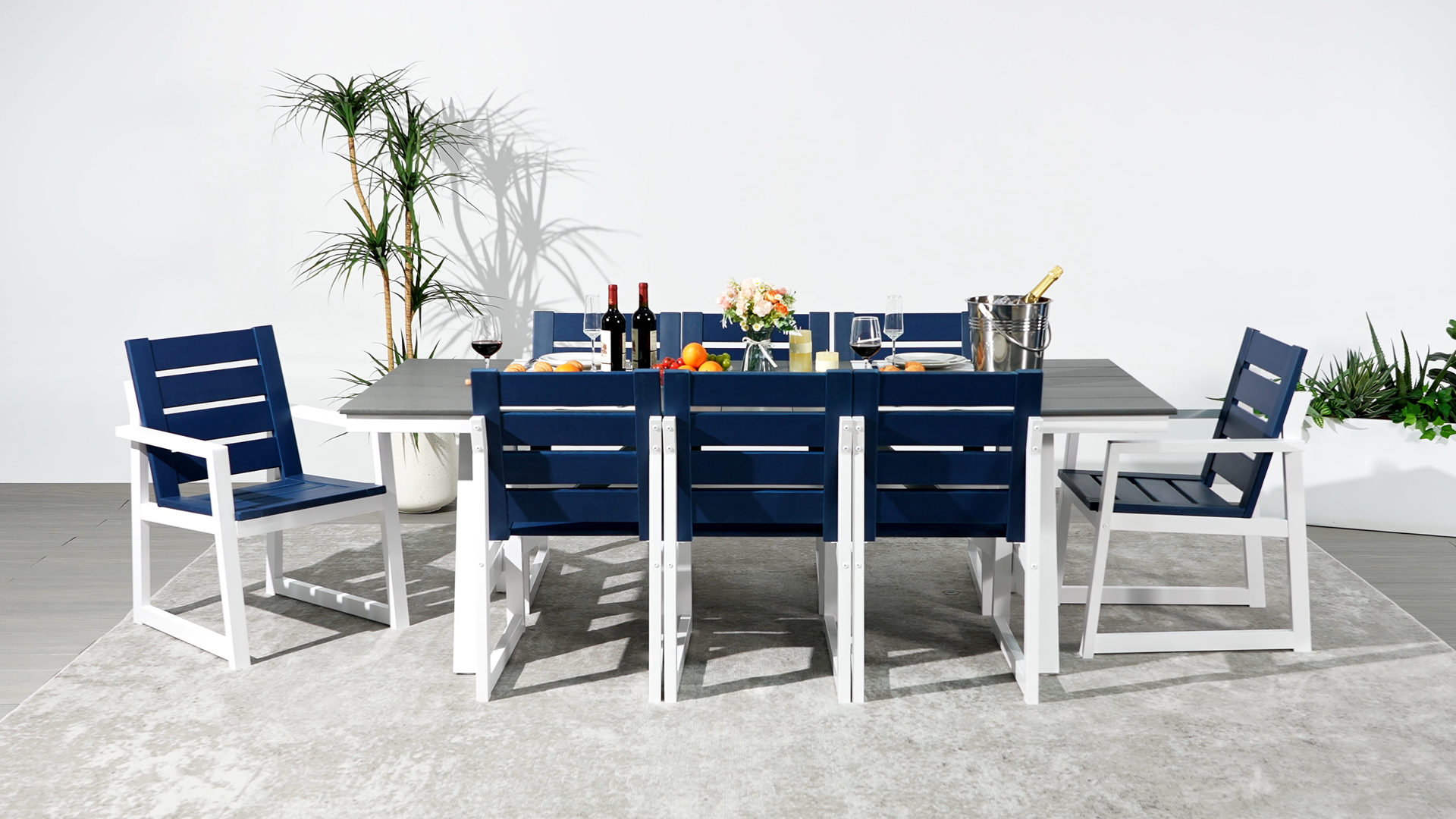 thumbnail video image 2 of WestinTrends Cape May 9-Piece HDPE Outdoor Furniture Patio Dining Table With Umbrella Hole and Chairs Set For 8, White, 2 of 16