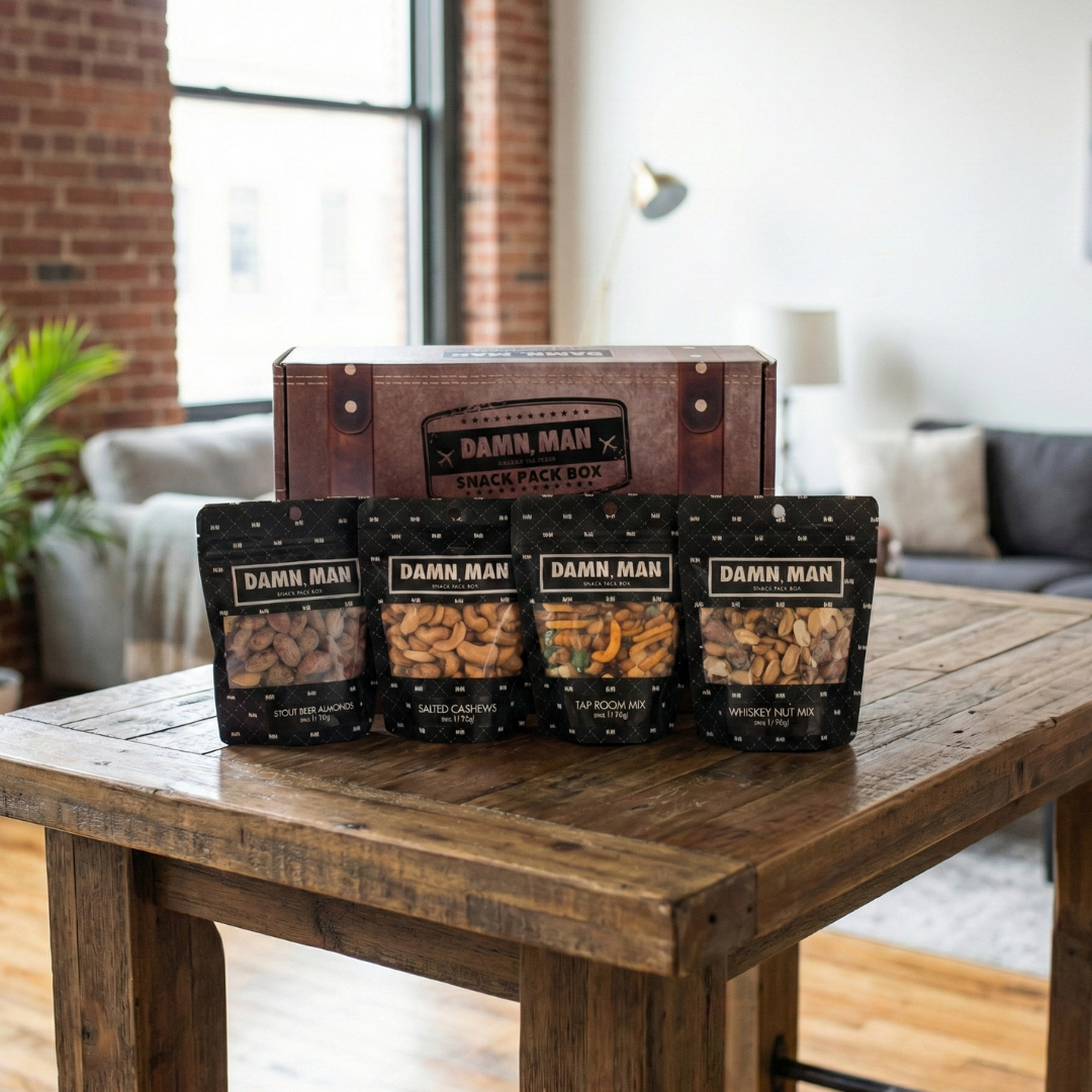 thumbnail video image 2 of Damn, Man Roasted Bar Snack Pack, Gourmet Mixed Nuts for Beer and Cocktails, 4 Resealable Bags, Savory Party Snack Mix, 2 of 9