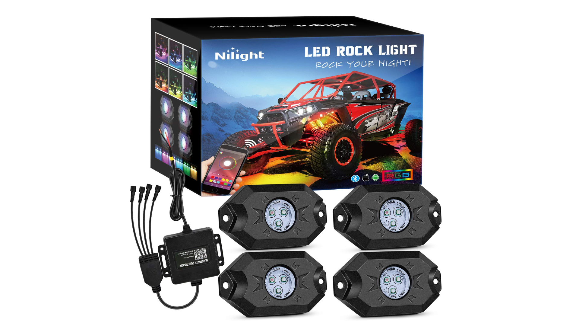 thumbnail video image 2 of Nilight RGB LED Rock Lights, Waterproof Multicolor Bluetooth APP Control Underglow Kit for Trucks, SUVs, ATVs, 2 of 8