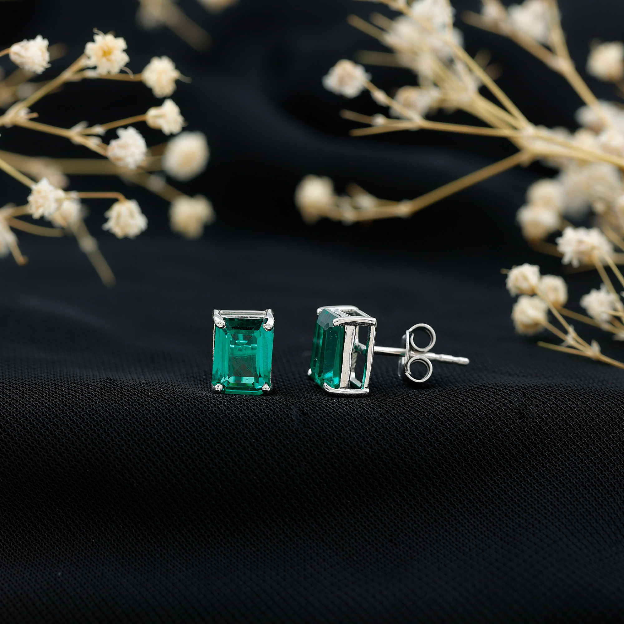 thumbnail video image 2 of Rosec Jewels Octagon Cut Created Emerald Solitaire Stud Earrings for Women (AAAA Grade), 925 Sterling Silver, 2 of 7