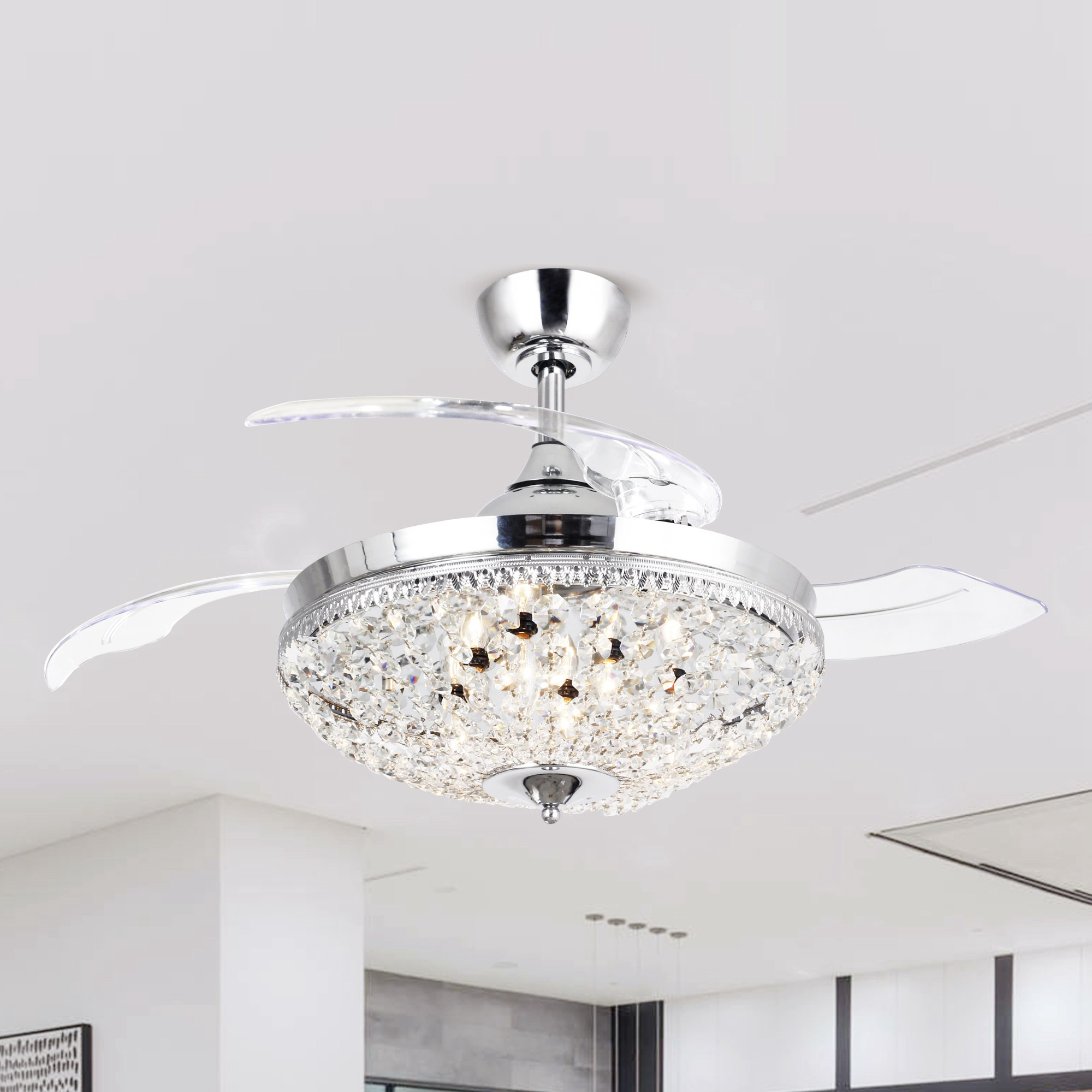 thumbnail video image 2 of Parrot Uncle 42 inch Crystal Ceiling Fan with Remote Control Retractable 3-Blades Contemporary Chandelier Fan 6-Light, Chrome, 2 of 14