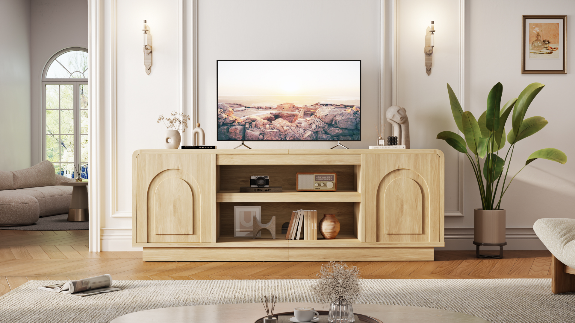 thumbnail video image 2 of Bestier Arched Door Wooden TV Stand for TVs up to 70", Curved Corner Media Console with Open Shelf,Modern Entertainment Center with Dust-Free Enclosed Base,Natural Oak, 2 of 9