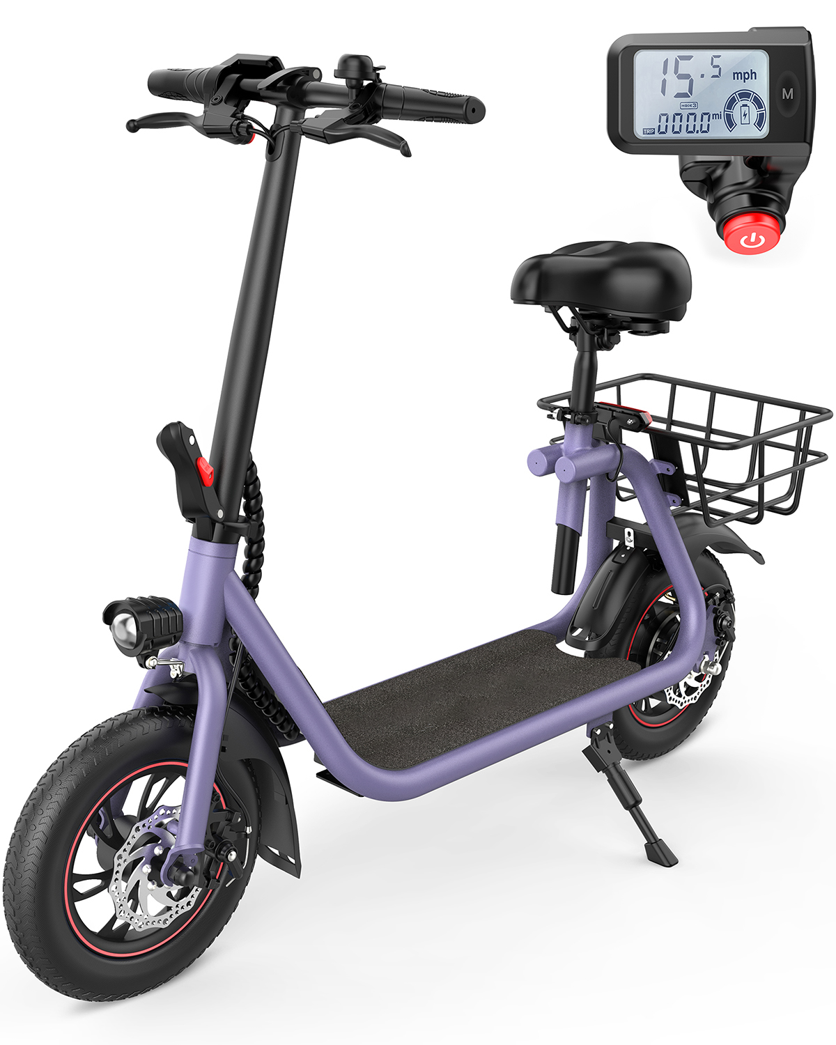 thumbnail video image 2 of MIHOVER 450W Electric Scooter with Seat, Commuter Electric Scooter for Adult with Basket & Free Phone Holder & Steel Cable Lock & Inner Tube- up to 21 Miles 15.5MPH-Purple, 2 of 11