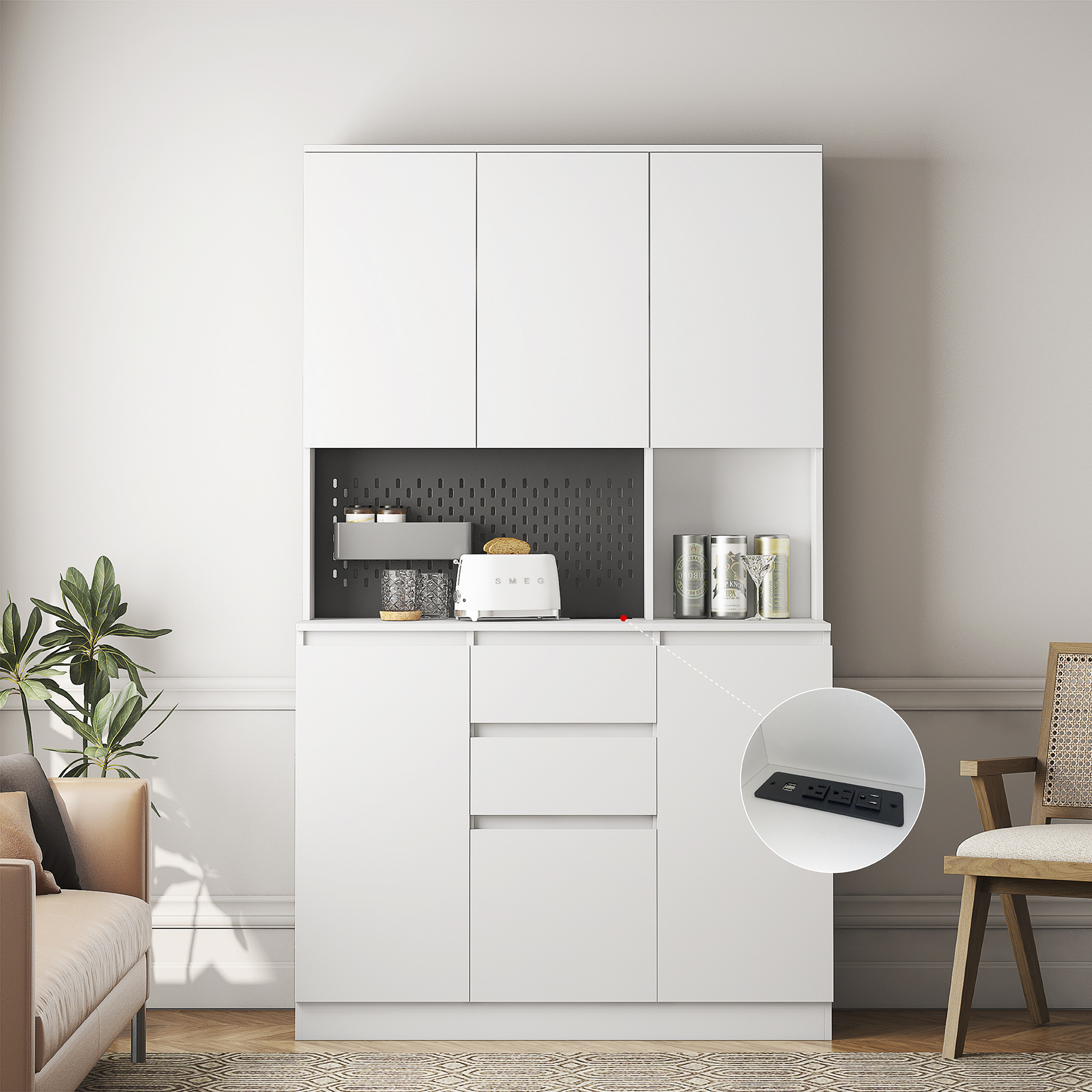 thumbnail video image 2 of Kitchen Pantry Cabinet with Charging Station, Buffet Cupboards Sideboard with Drawer, Modern Kitchen Pantry Storage Cabinet with Microwave Stand for Kitchen,Living Room,Dinning Room, White, 2 of 9