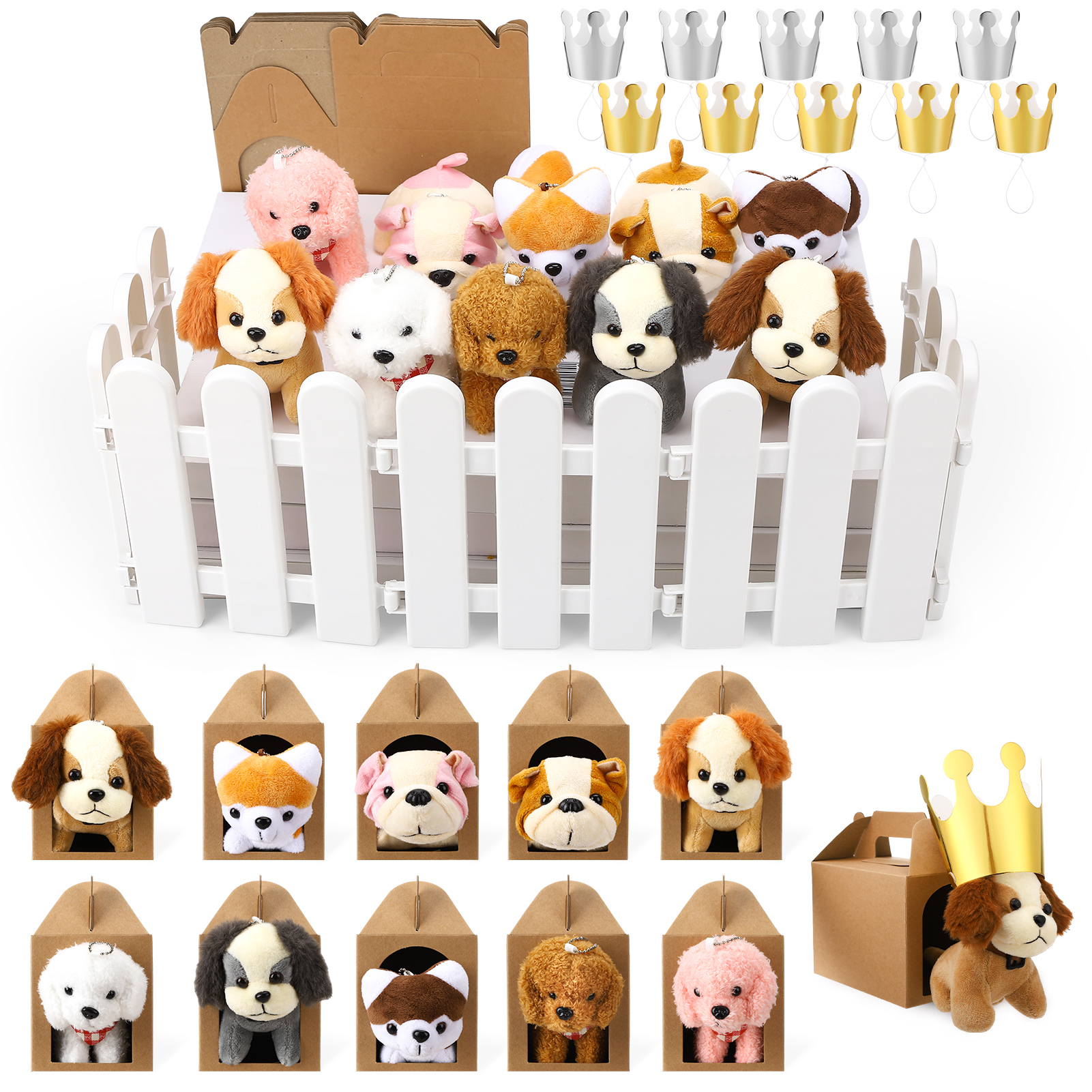 thumbnail video image 2 of sixwipe Mini Stuffed Animals Bulk - 36 Pcs Adopt A Puppy Party Favors Kit with Small Plush Dogs, Hats, Boxes & Fence for Kids Party Supplies, 2 of 8