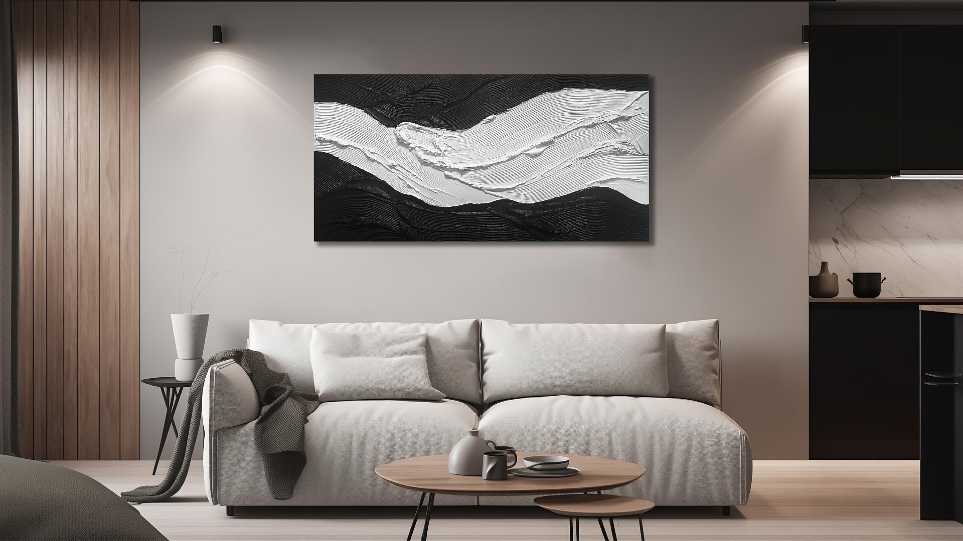 thumbnail video image 2 of Hand-Painted 3D Textured Abstract Wall Art, Black & White Central Wave Impasto Painting, 40x20 inch Raised Canvas Wall Decor for Living Room, Bedroom, Hallway, 2 of 10
