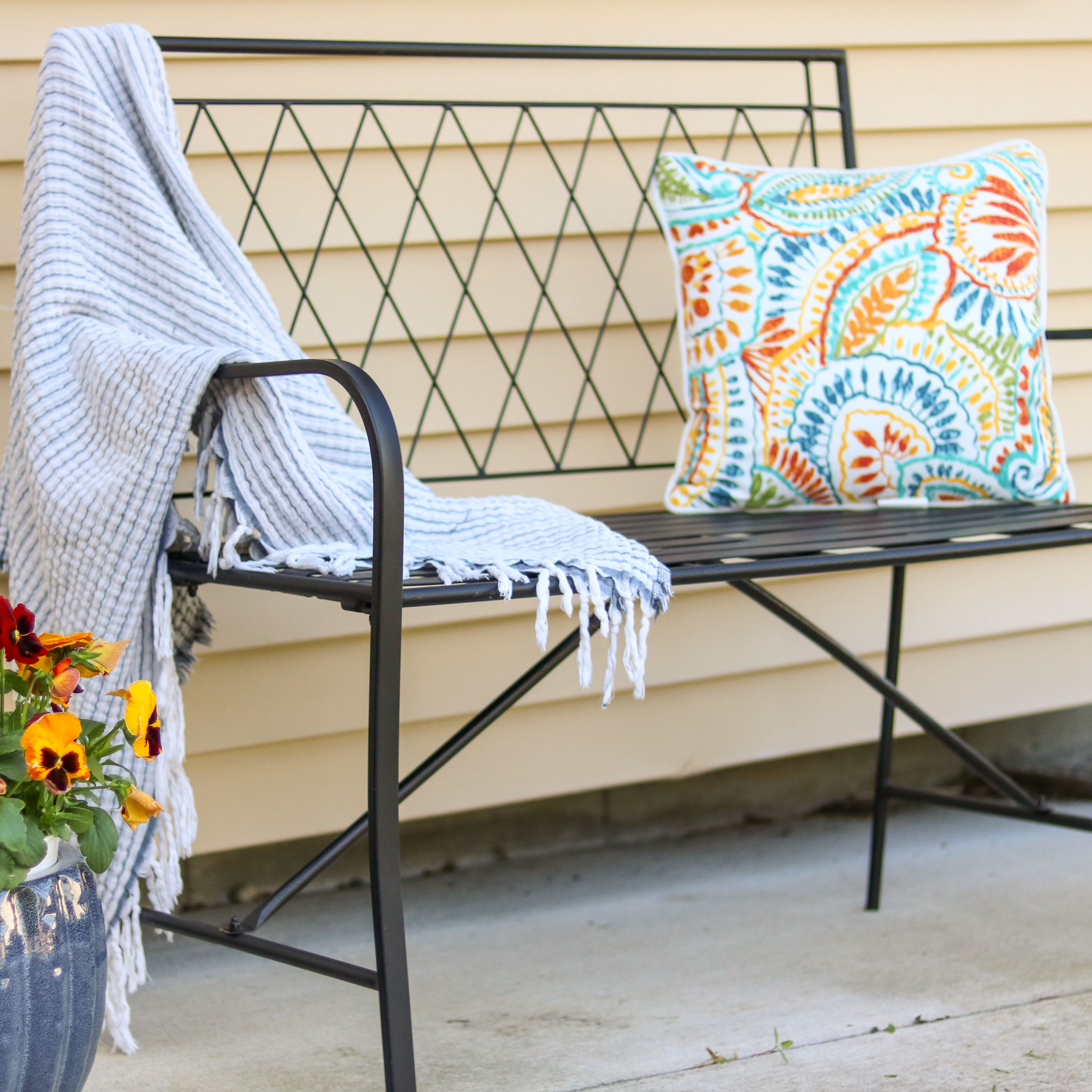 thumbnail video image 2 of Sunnydaze 2-Person Argyle Diamond High Back Iron Outdoor Garden Bench, Black, 2 of 8