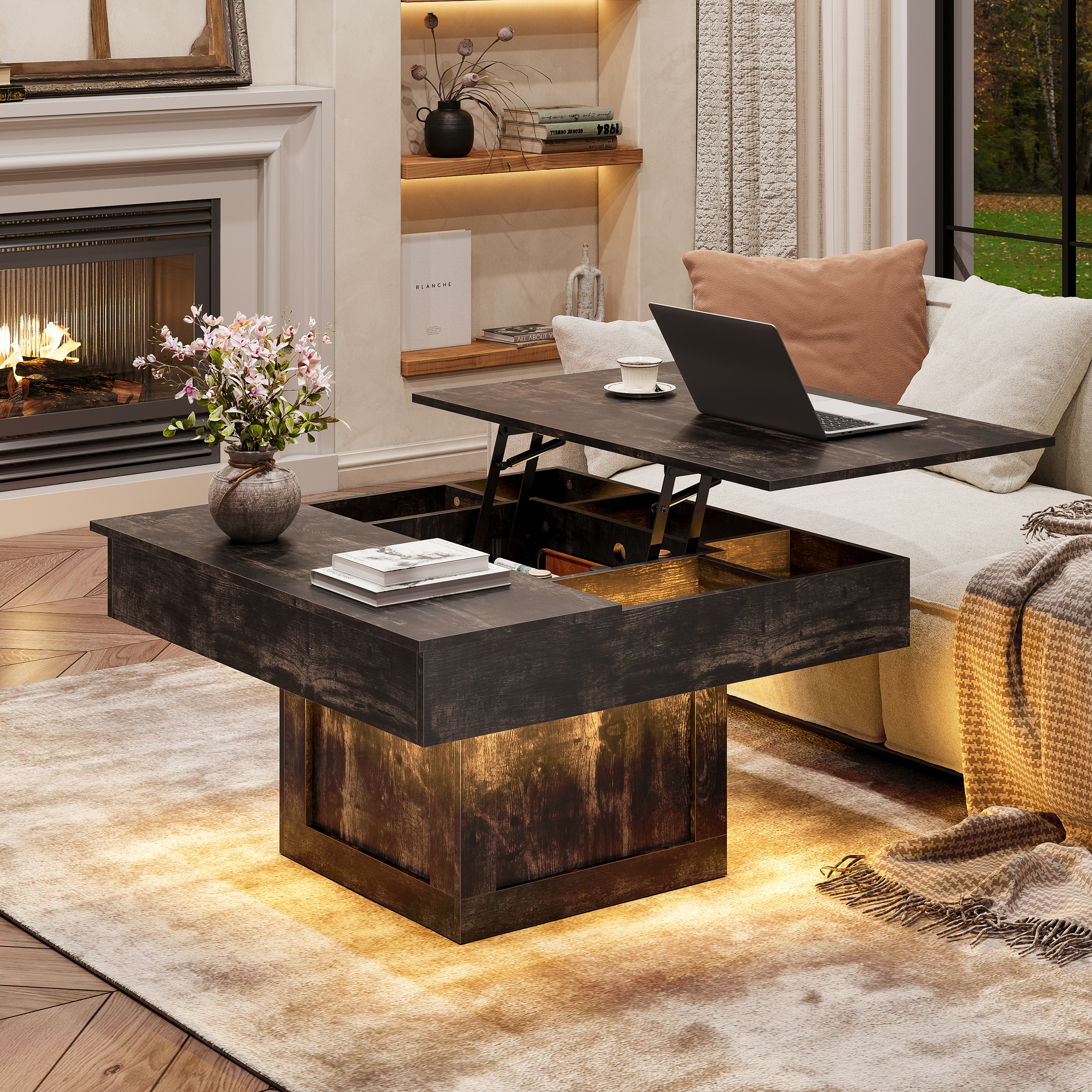 thumbnail video image 2 of GUNAITO Lift Top Coffee Table with LED Lights, Modern Farmhouse Center Table with Storage, 31.5''Hx31.5''Wx19''D, Light Brown, 2 of 11