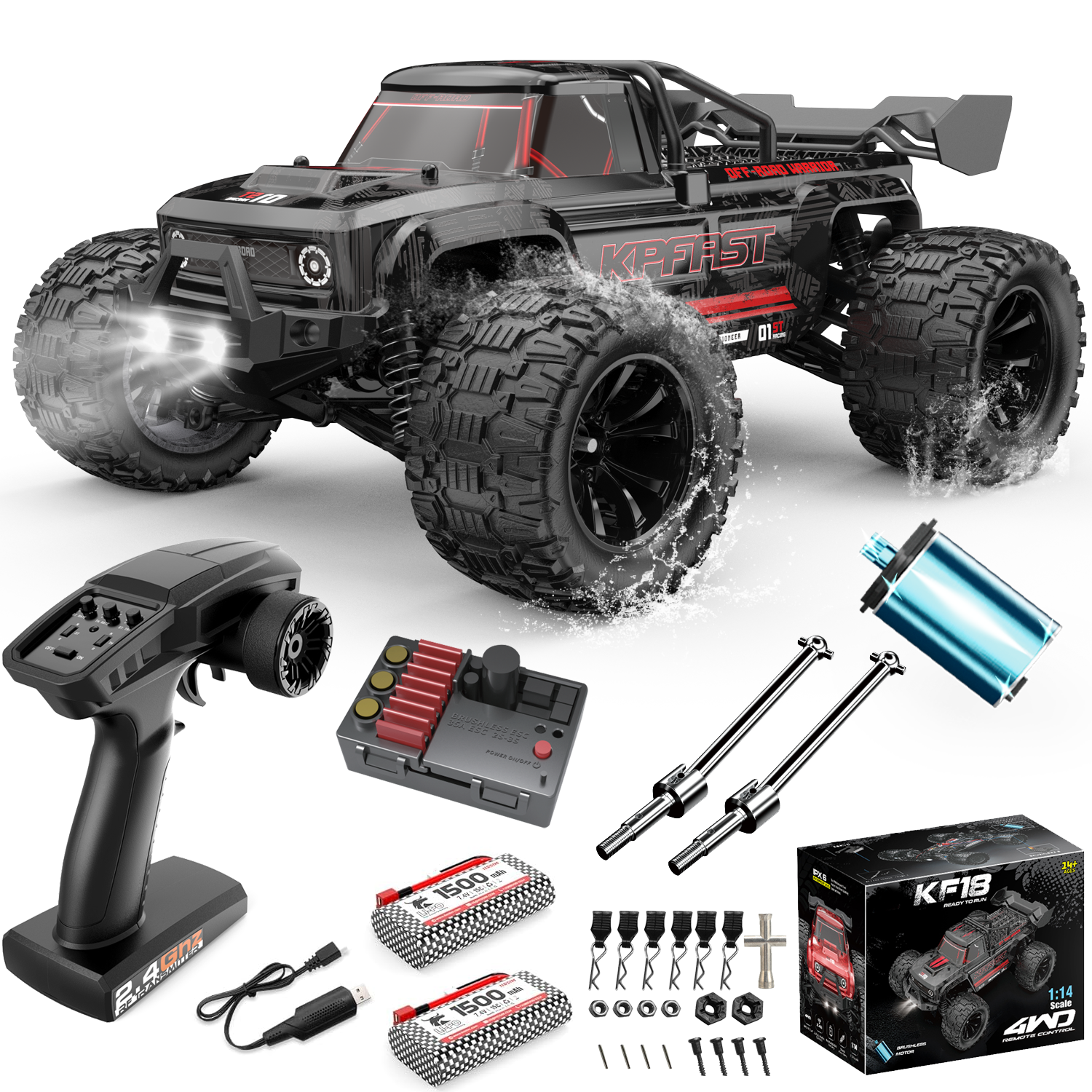thumbnail video image 2 of 1/14 Brushless RC Cars for Adults, 50 MPH RC Truck 4wd Offroad Waterproof, Electric Powered High Speed RC Car, All Terrain RC Truggy for Snow,Sand & Mud, 2 of 7