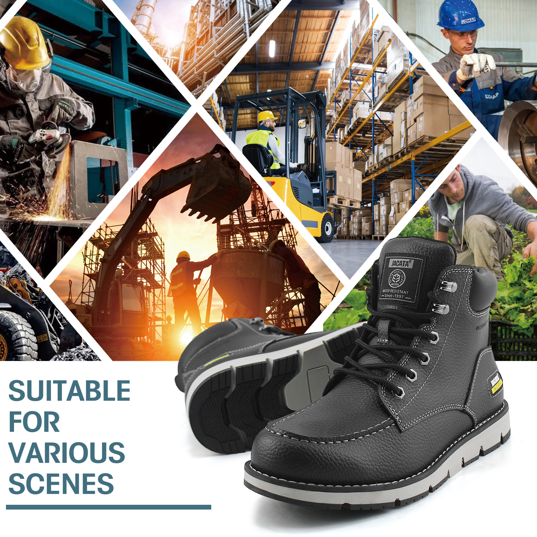 thumbnail video image 2 of Jacata Moc Toe Work Boots for Men Soft Toe Leather Non Slip Boots (Black 7), 2 of 7