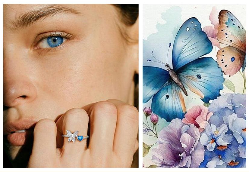 thumbnail video image 2 of Bestyle Pure S925 Sterling Silver Butterfly Open Ring with Full Cubic Zirconia, Shining Crystal Birthstone Ring March Birthday Mother's Day Gift, 2 of 9