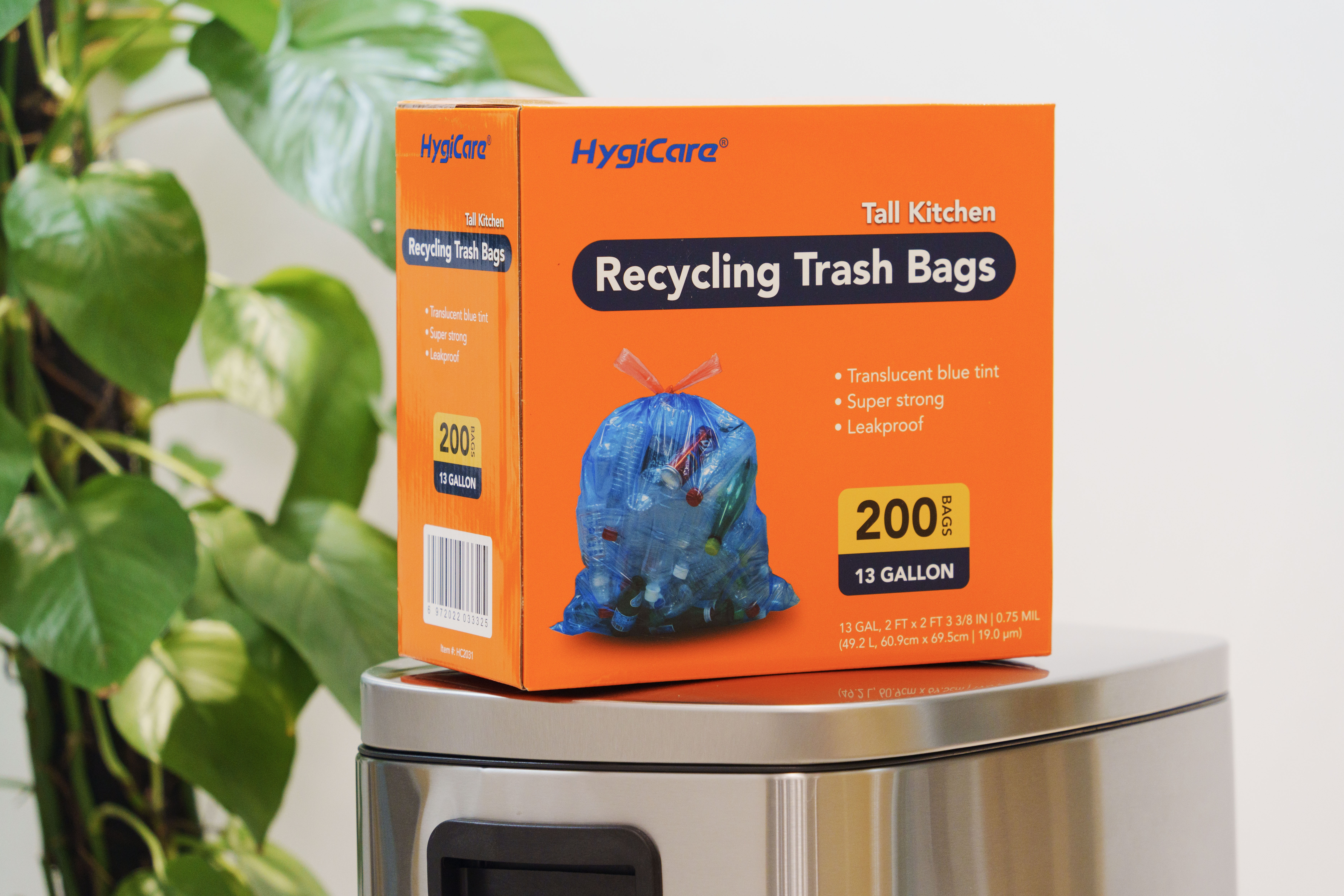 thumbnail video image 2 of HygiCare Recycling Trash Bags, 13 Gallon, 200 Count, Unscented, Super Strong, Leakproof, Translucent Blue, 2 of 9